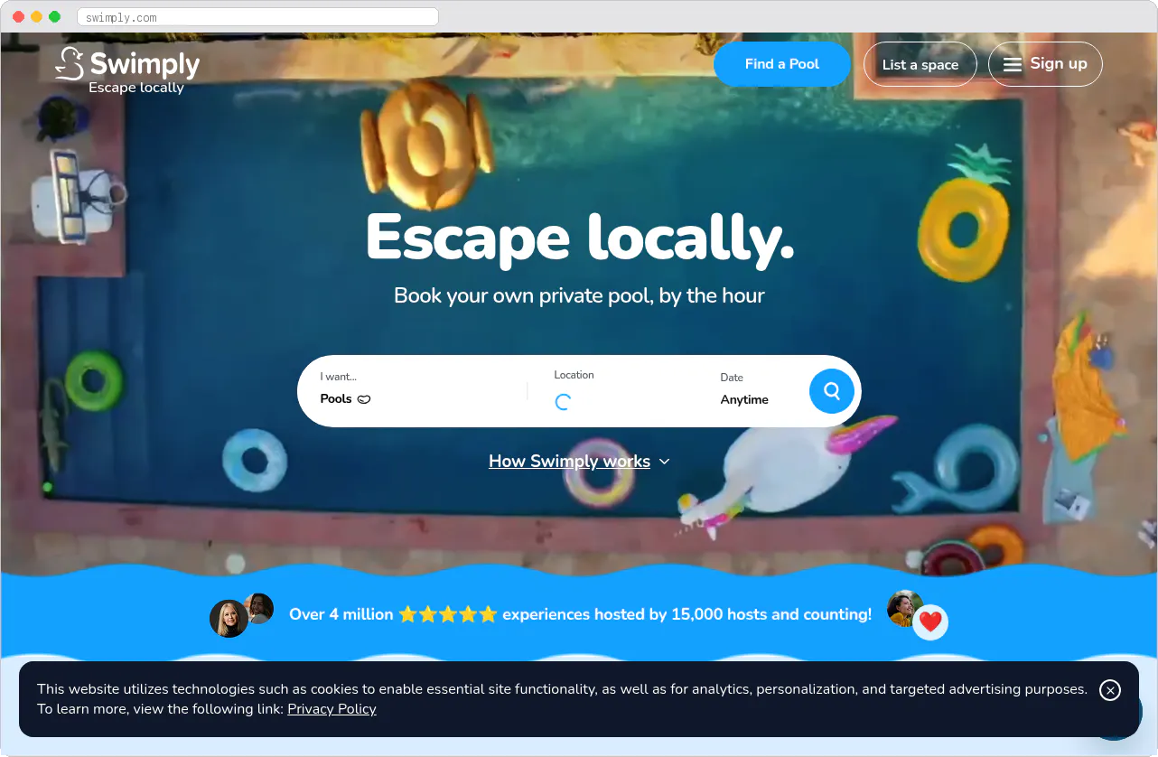 Swimply marketplace homepage screenshot