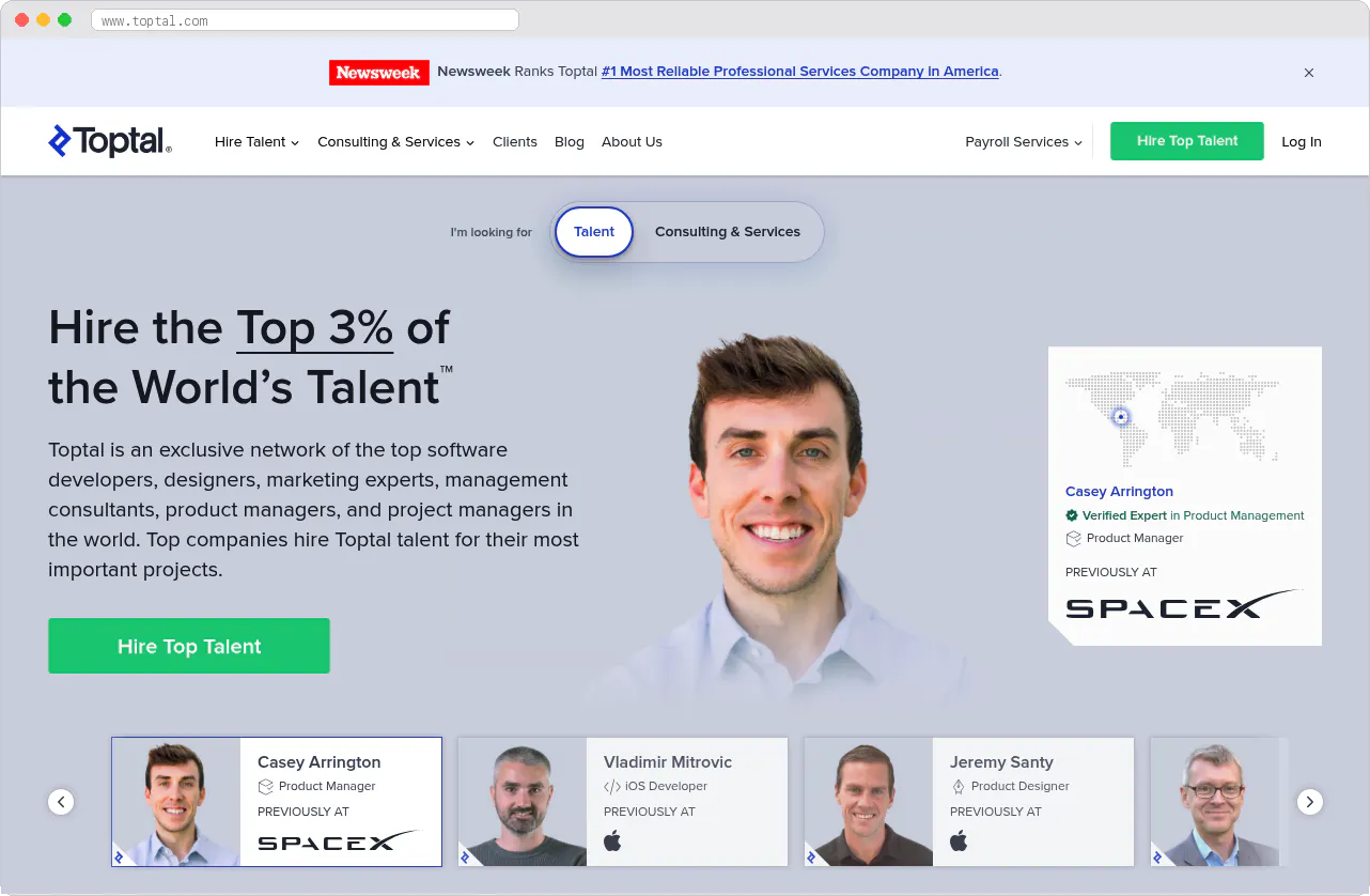 Toptal marketplace homepage screenshot