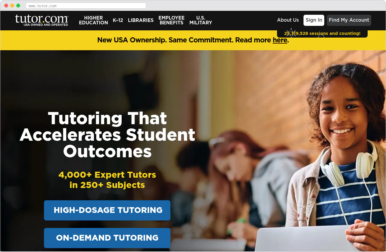 Tutor.com marketplace homepage screenshot