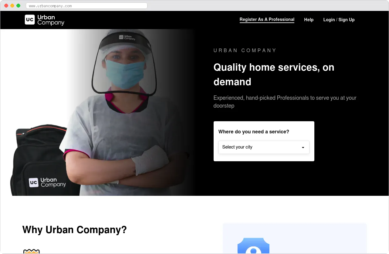 Urban Company marketplace homepage screenshot