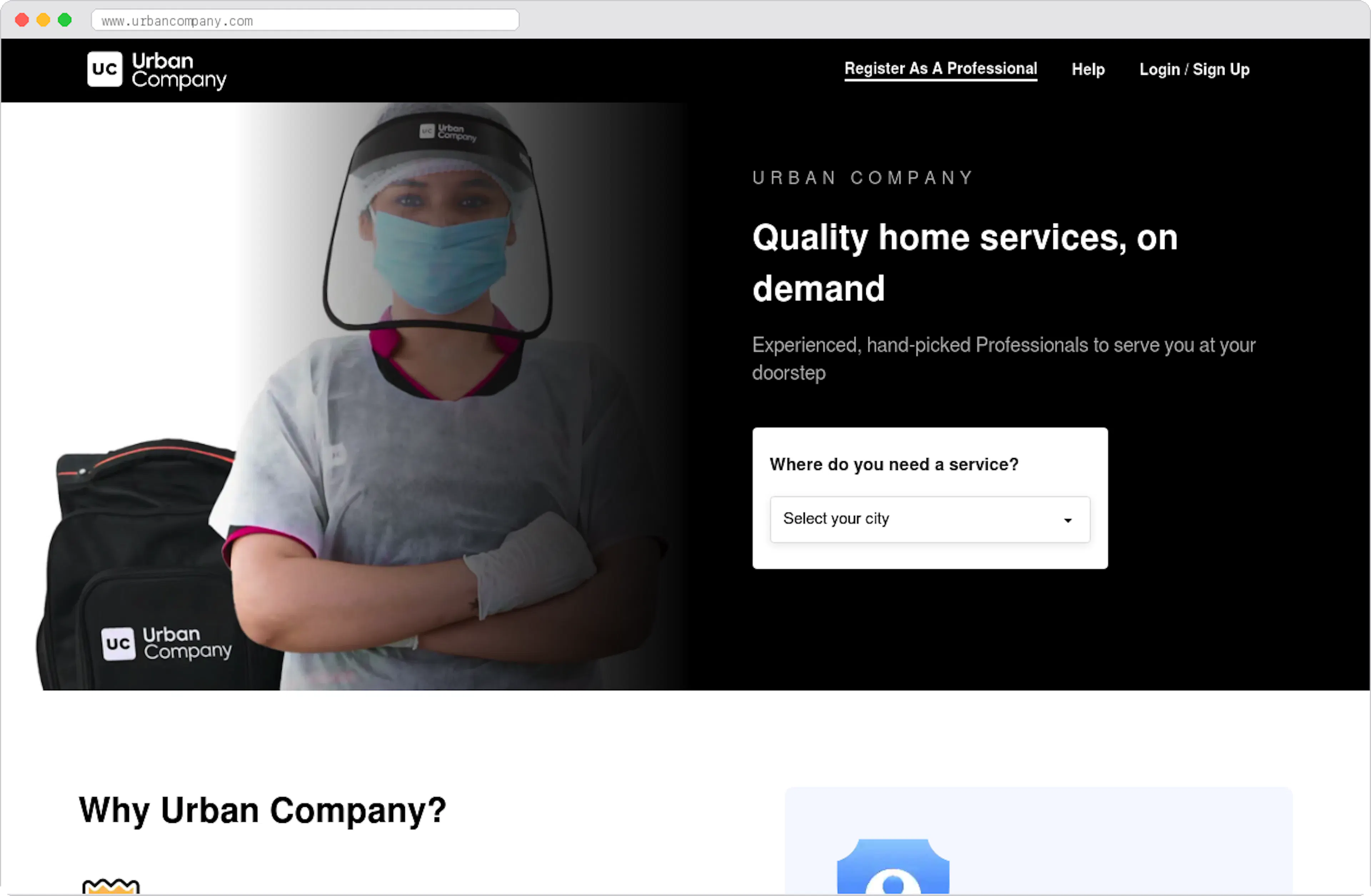 Urban Company marketplace homepage screenshot
