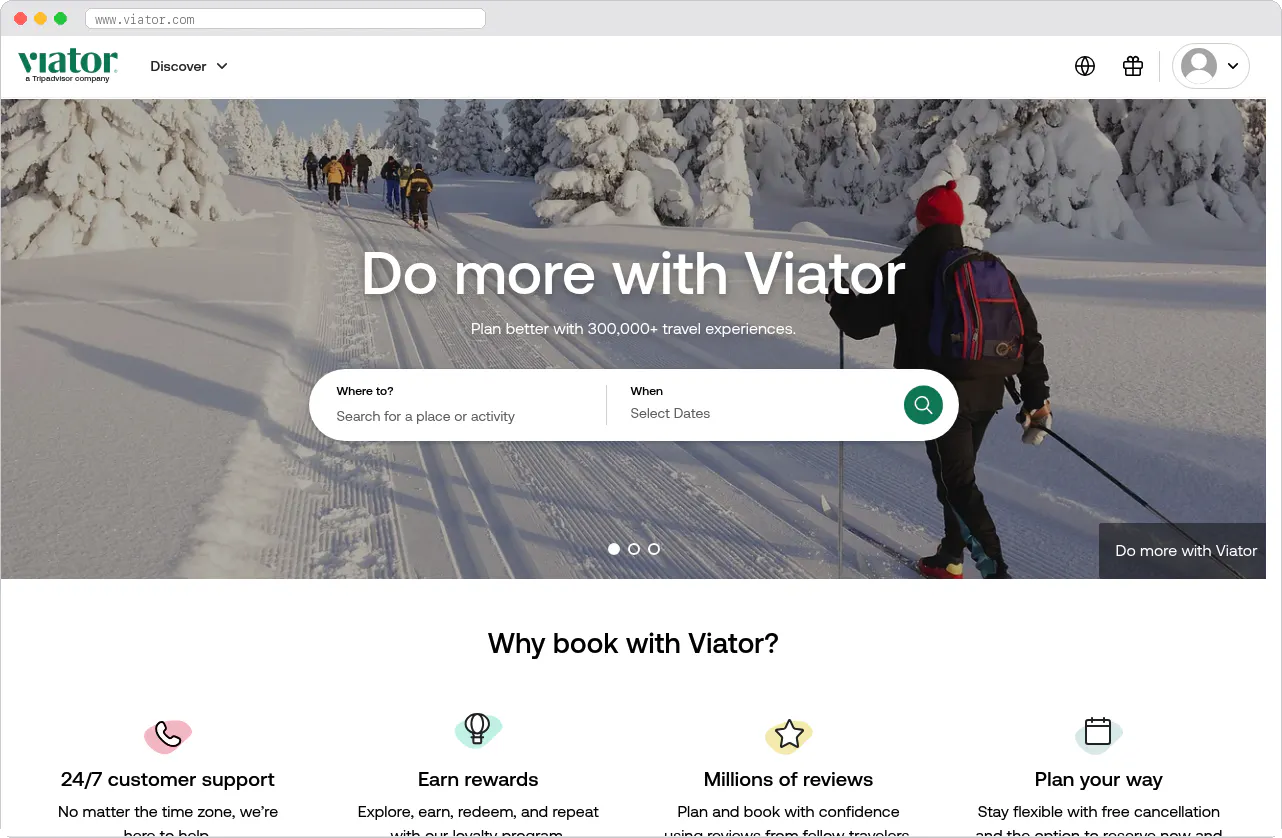 Viator marketplace homepage screenshot