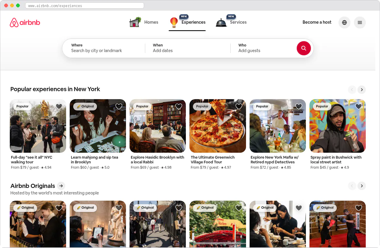 Airbnb Experiences marketplace homepage screenshot