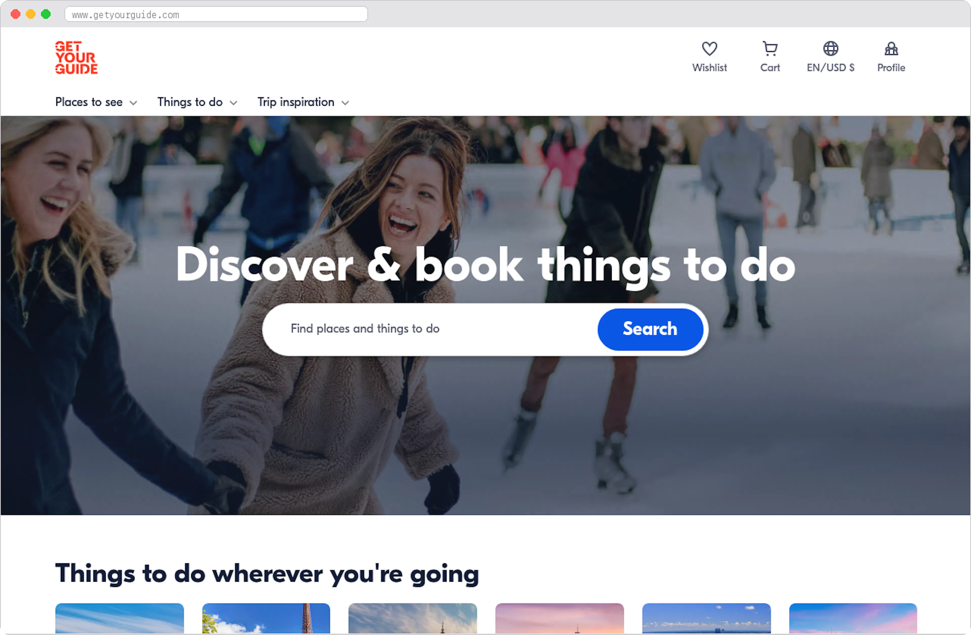 GetYourGuide marketplace homepage screenshot
