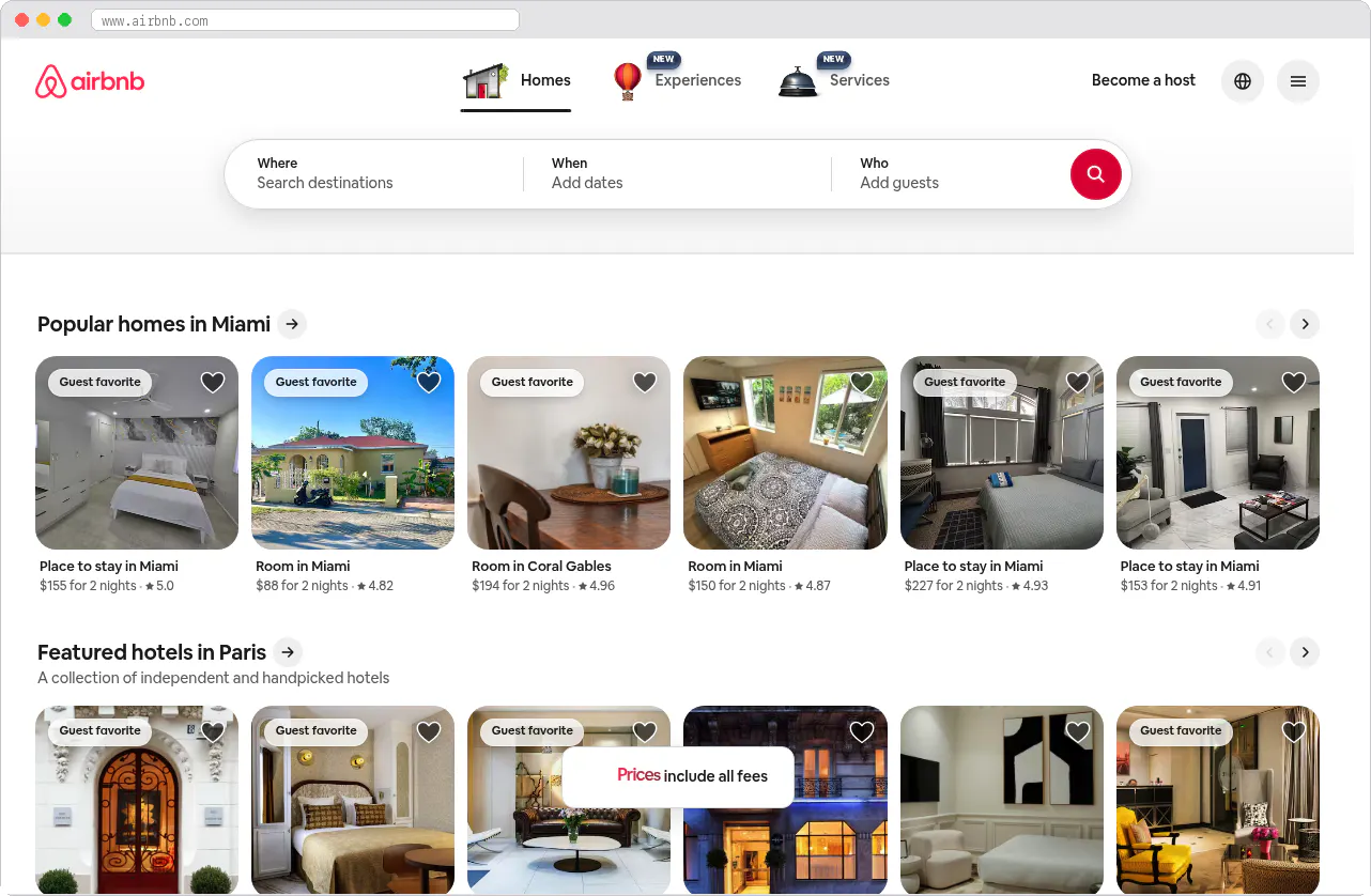 Airbnb marketplace homepage screenshot