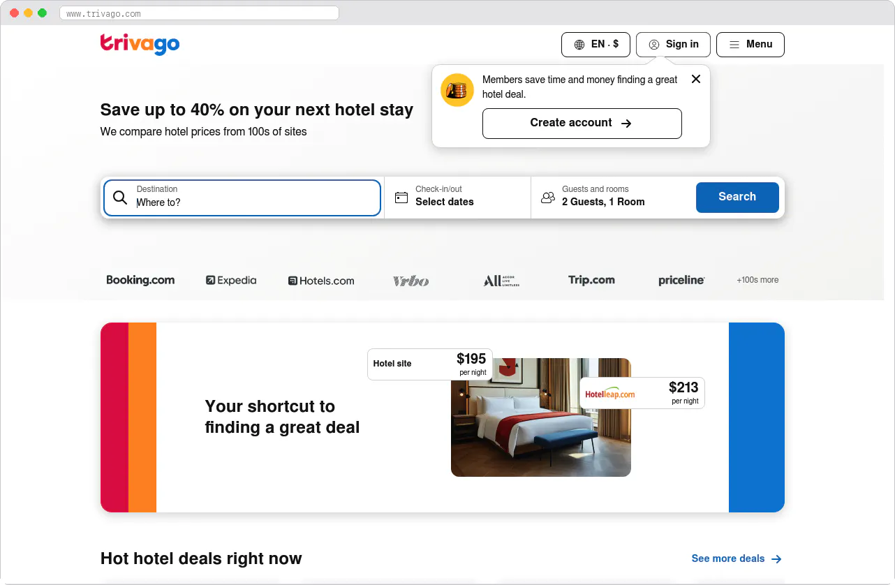 Trivago marketplace homepage screenshot