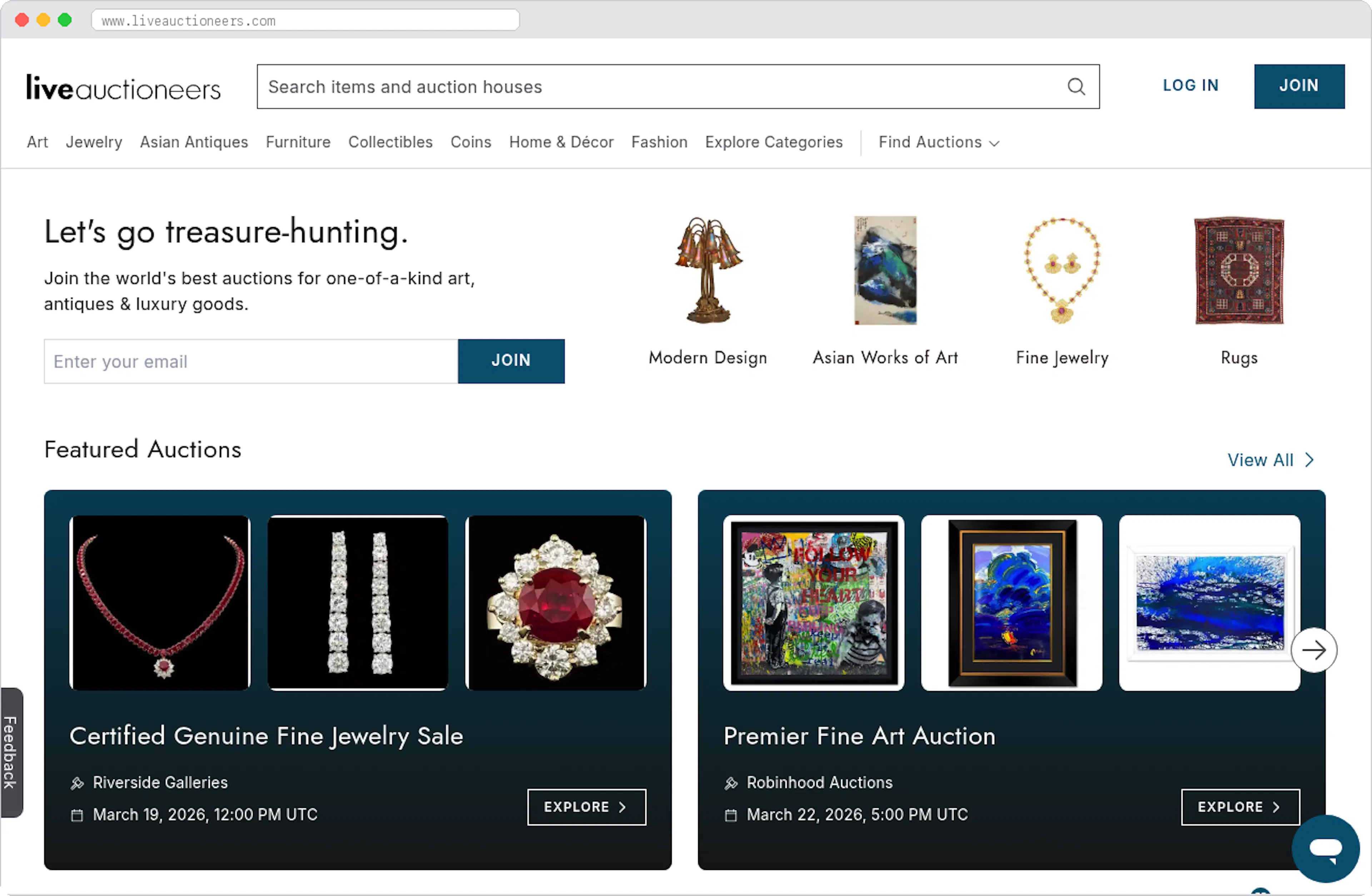 LiveAuctioneers marketplace homepage screenshot
