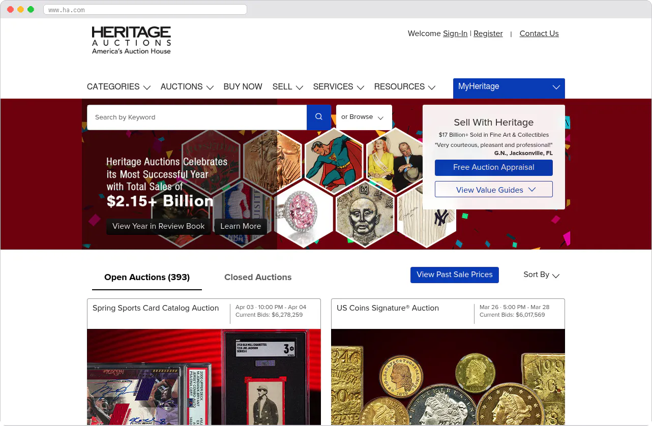 Heritage Auctions marketplace homepage screenshot