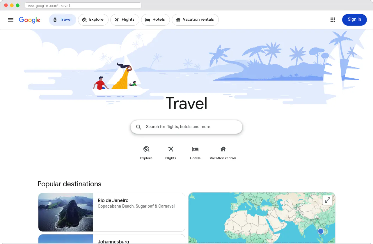 Google Travel marketplace homepage screenshot