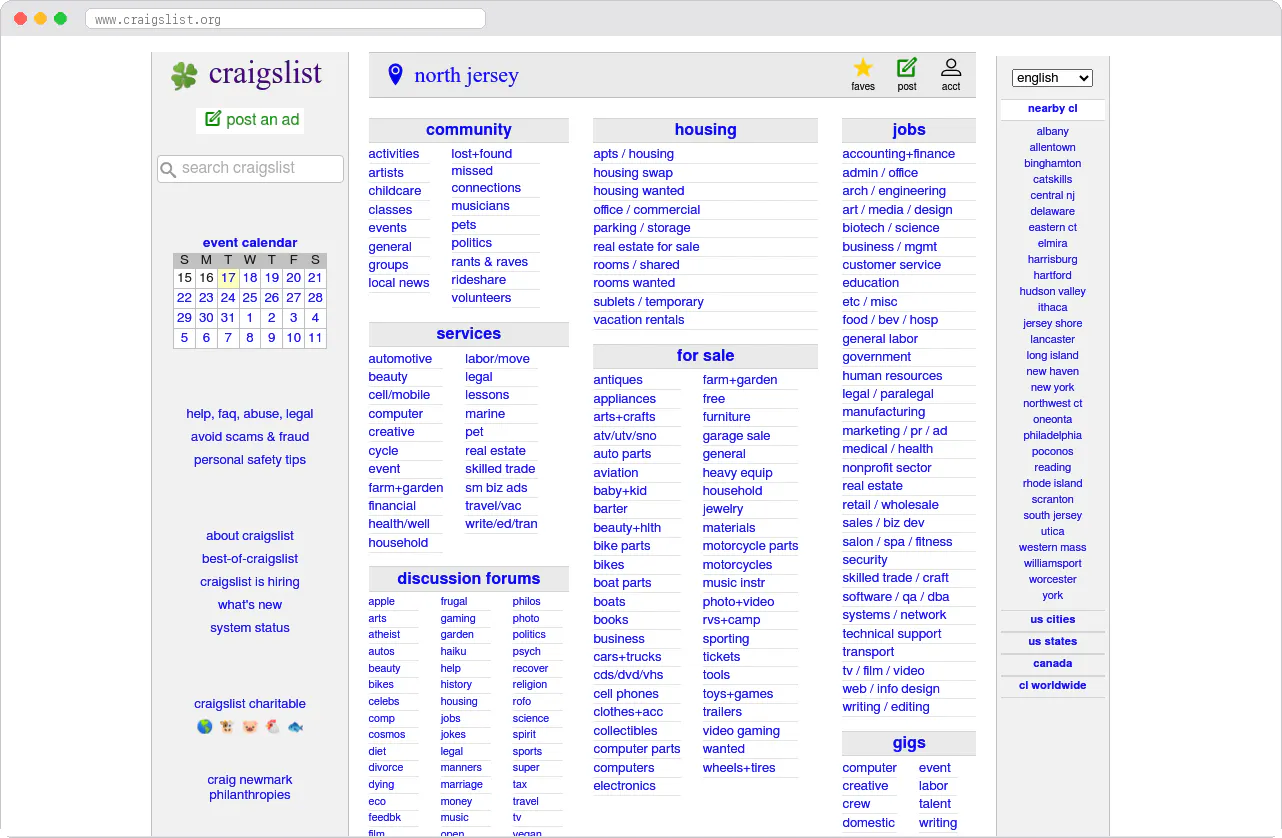 Craigslist: business model and development guide marketplace homepage screenshot