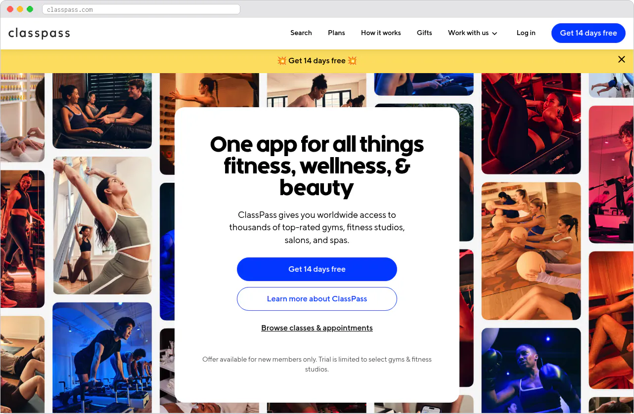ClassPass marketplace homepage screenshot