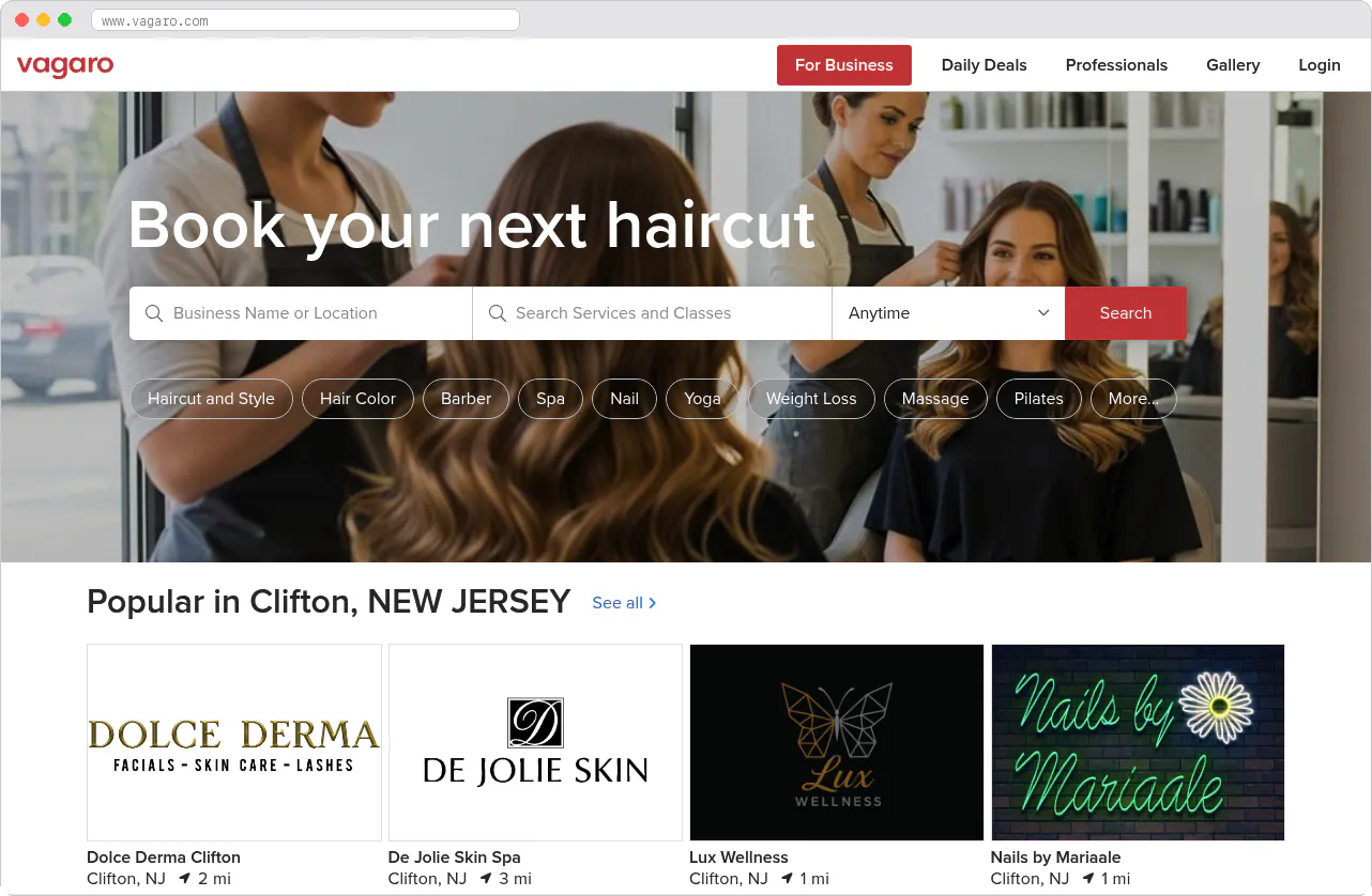 Vagaro marketplace homepage screenshot