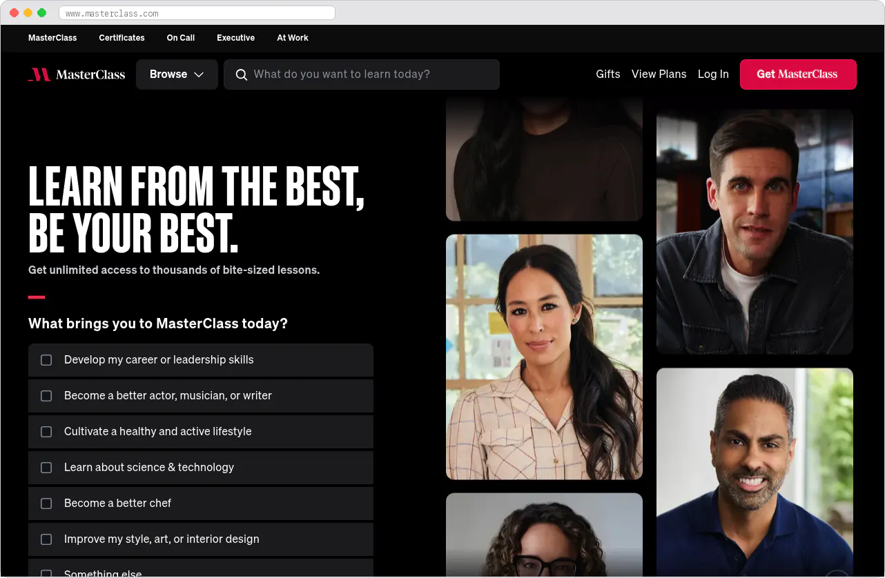 MasterClass marketplace homepage screenshot