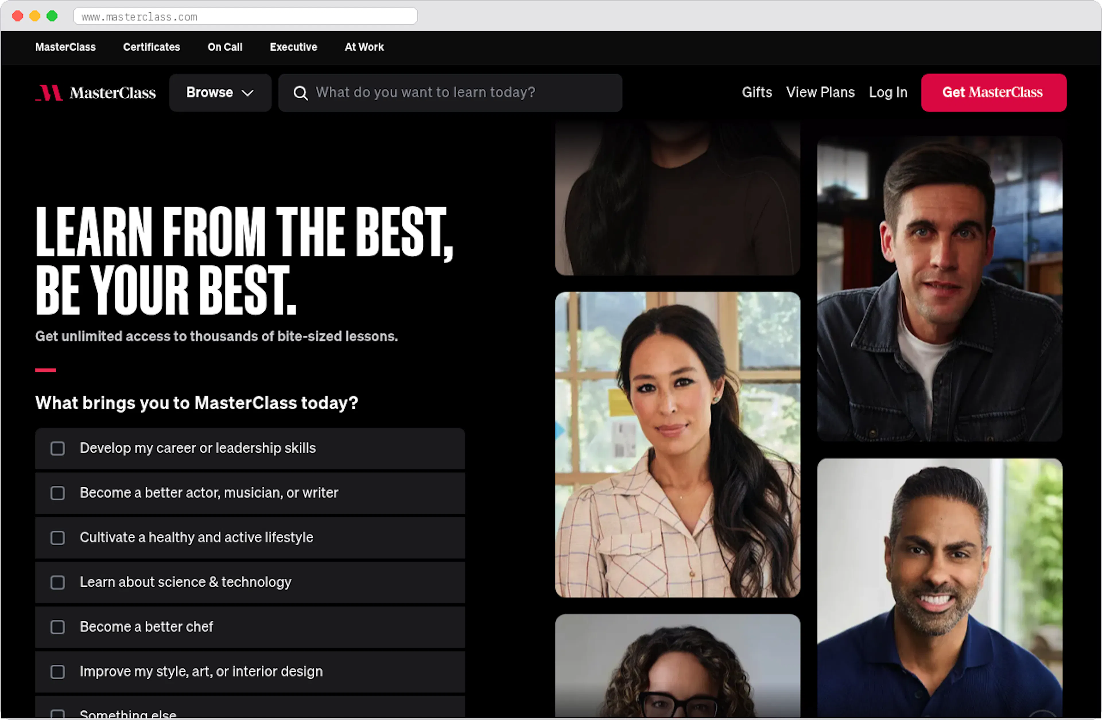 MasterClass marketplace homepage screenshot