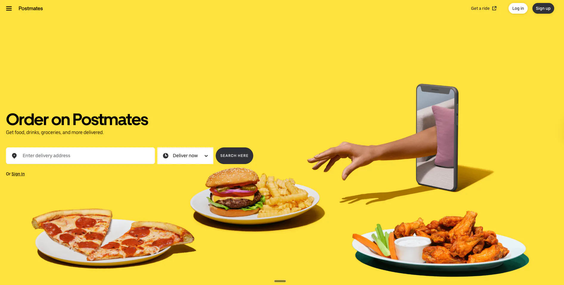 Screenshot of Postmates homepage