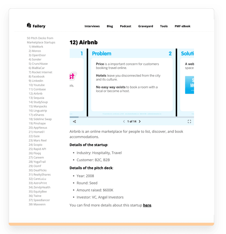 Screenshot from an article of 50 pitch decks from marketplace startups by Failory.