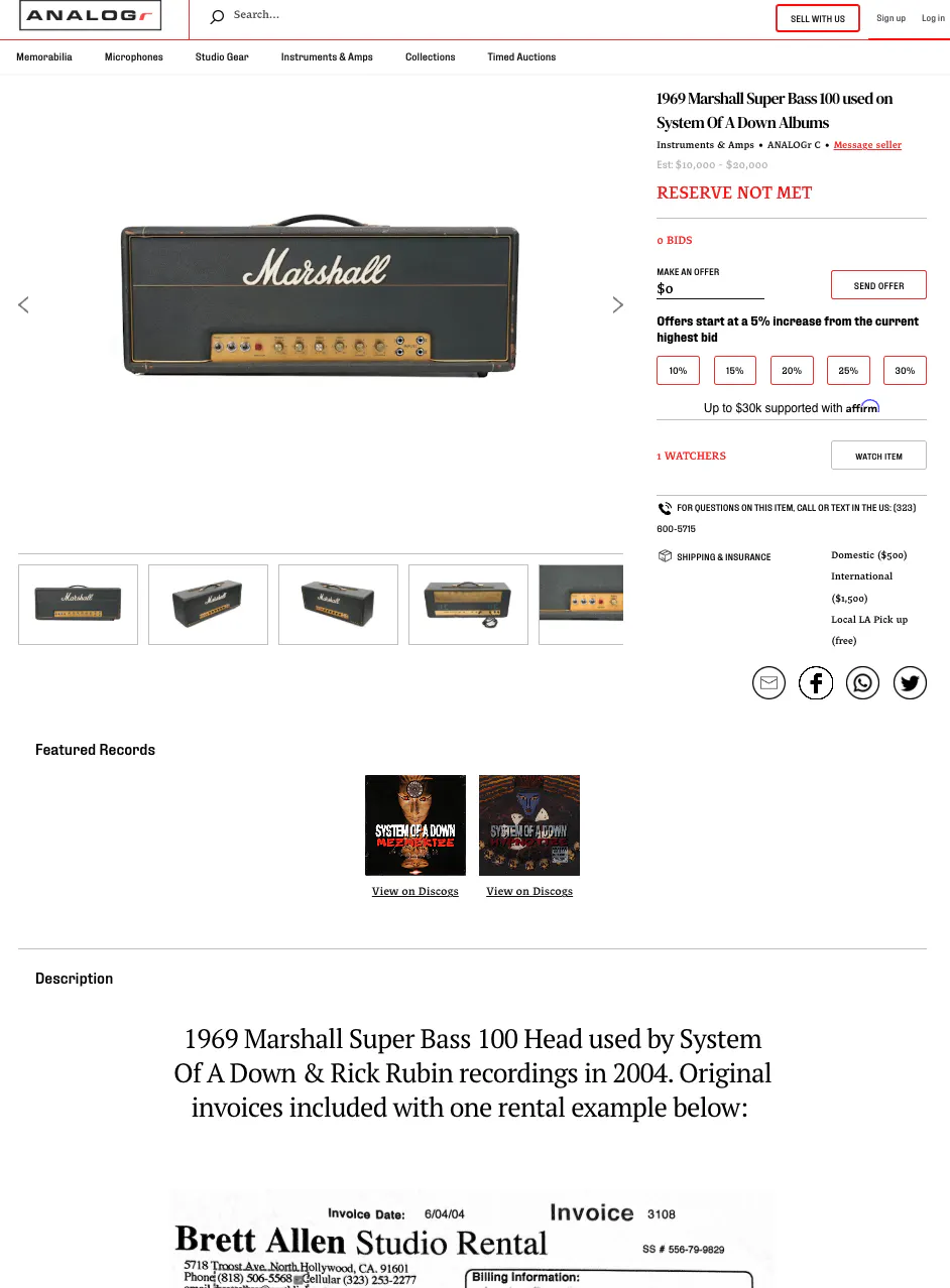 Screenshot of a "1969 Marshall Super Bass 100 used on System Of A Down Albums" listing on the Sharetribe-powered marketplace Analogr