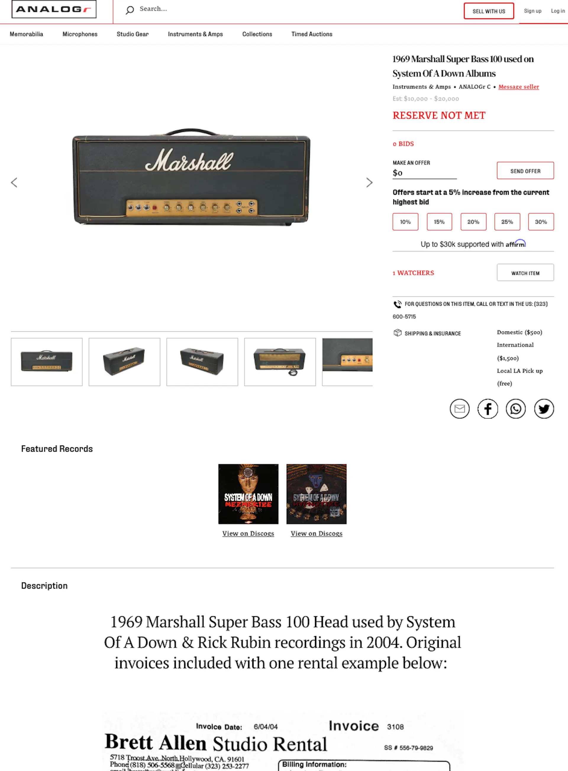 Screenshot of a "1969 Marshall Super Bass 100 used on System Of A Down Albums" listing on the Sharetribe-powered marketplace Analogr