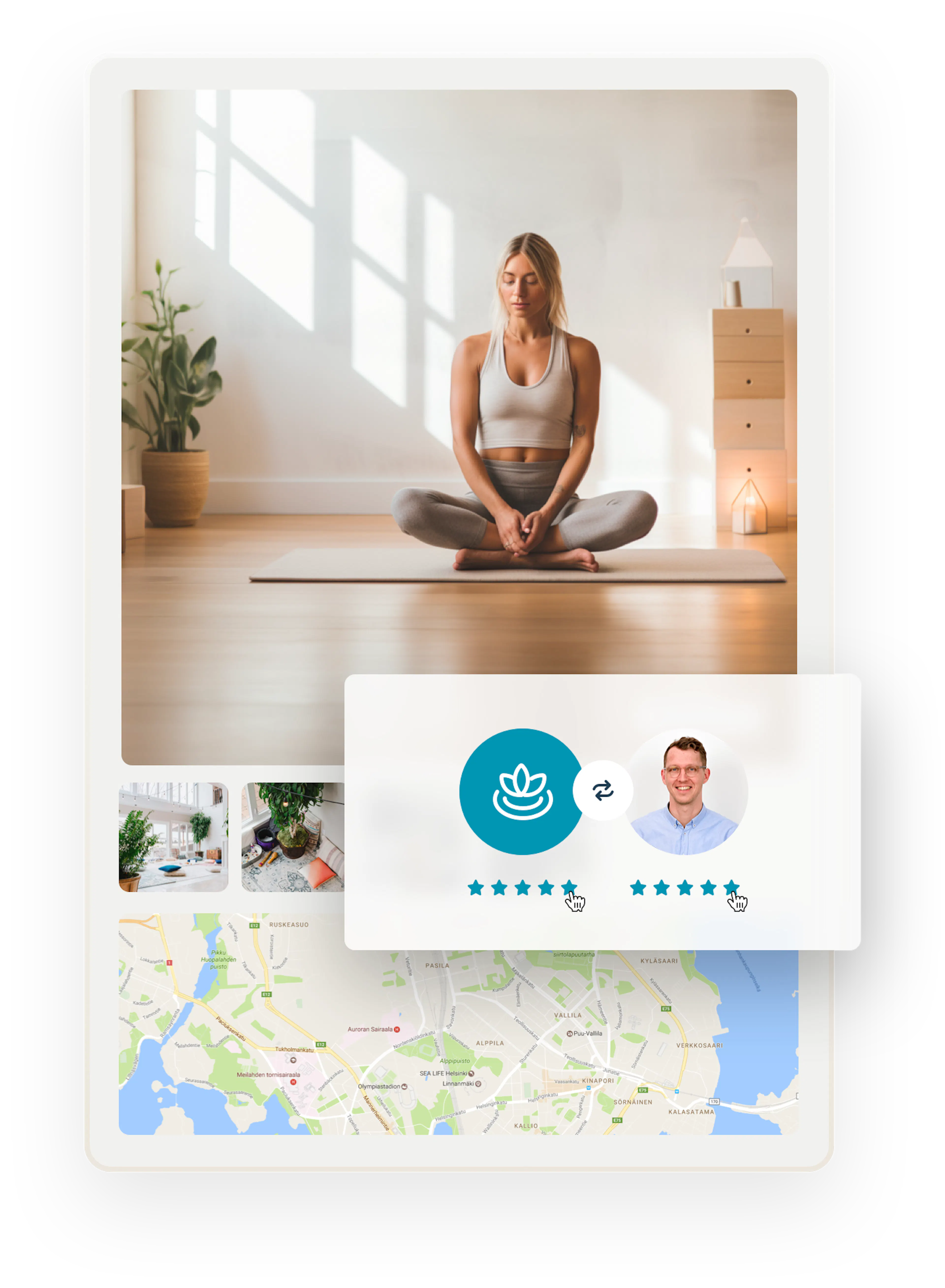 A page showing elements of a listing page: an image of a restful person doing yoga and map where the class happens. Overlaid is a box where a yoga provider and student are about to give each other five-star reviews.