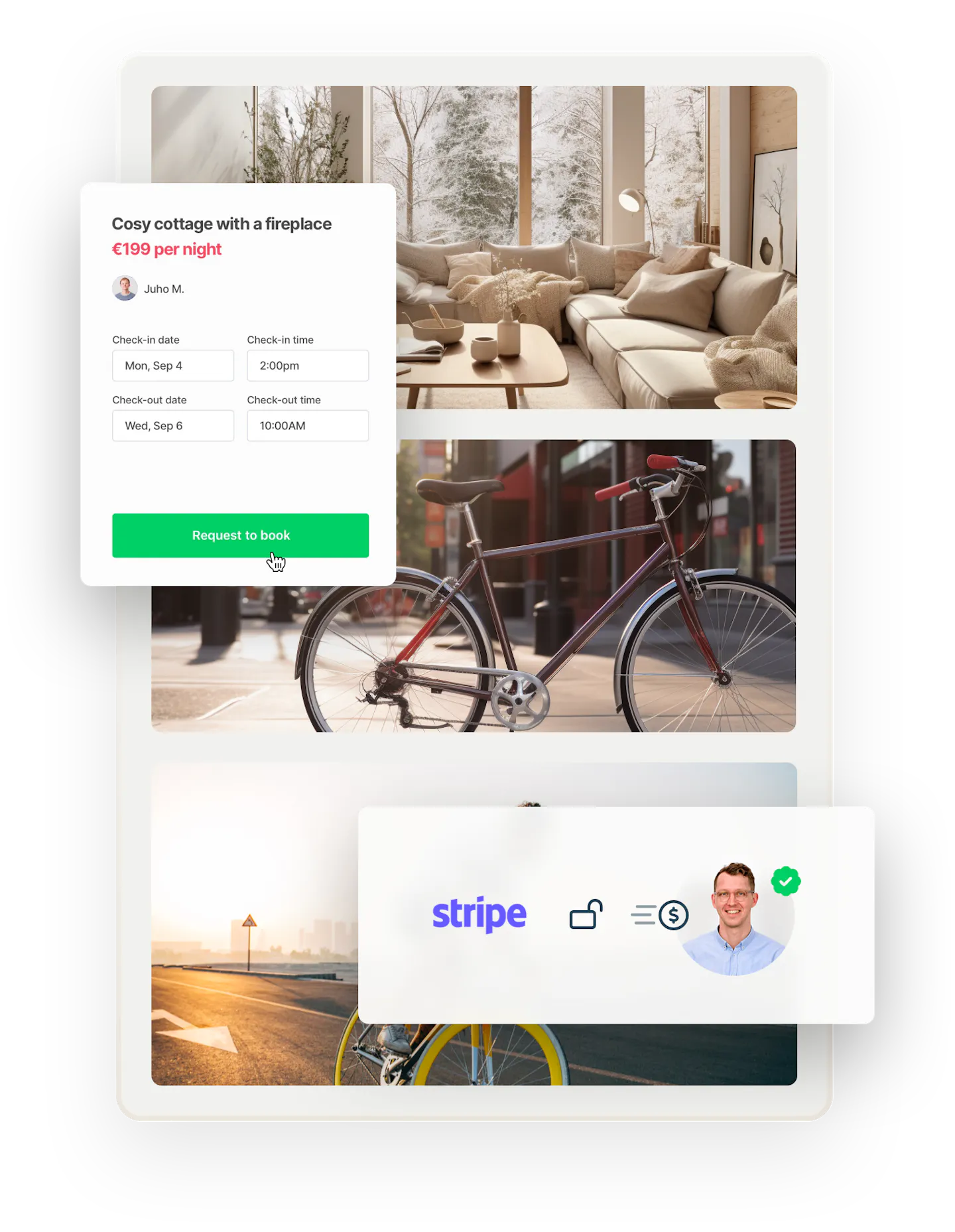 Example of marketplace deposits. Images of a modern cottage, a city bike, and a sports bike. They're overlaid with a booking form for a cozy cottage and another box that shows how funds are released back to a customer.