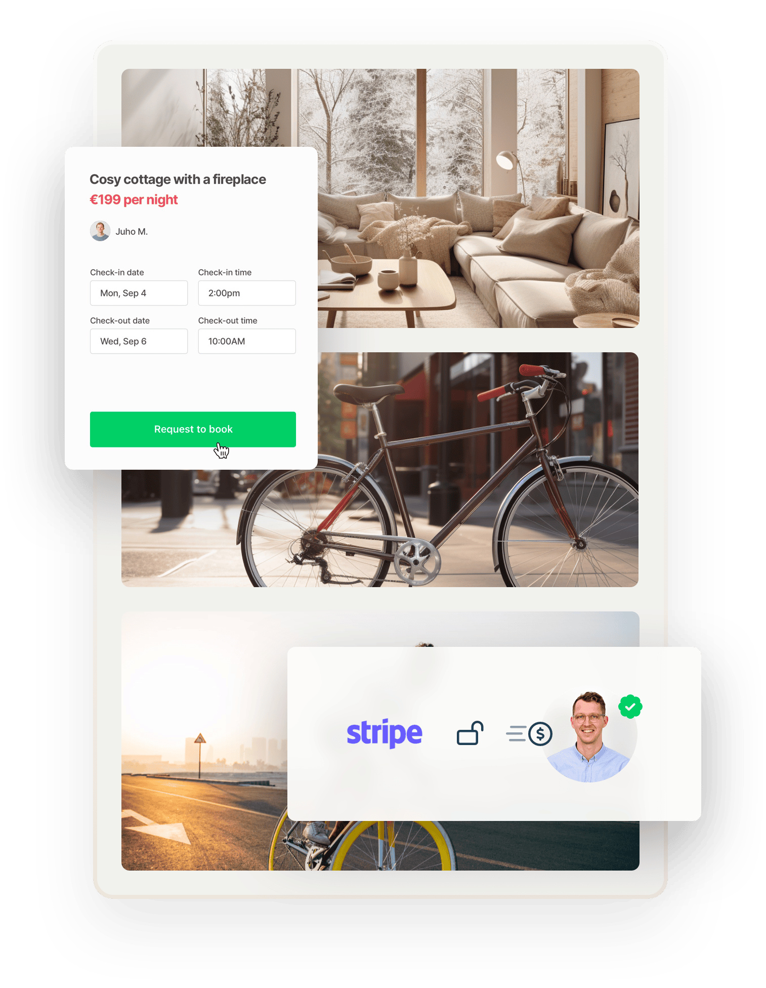 Example of marketplace deposits. Images of a modern cottage, a city bike, and a sports bike. They're overlaid with a booking form for a cozy cottage and another box that shows how funds are released back to a customer.