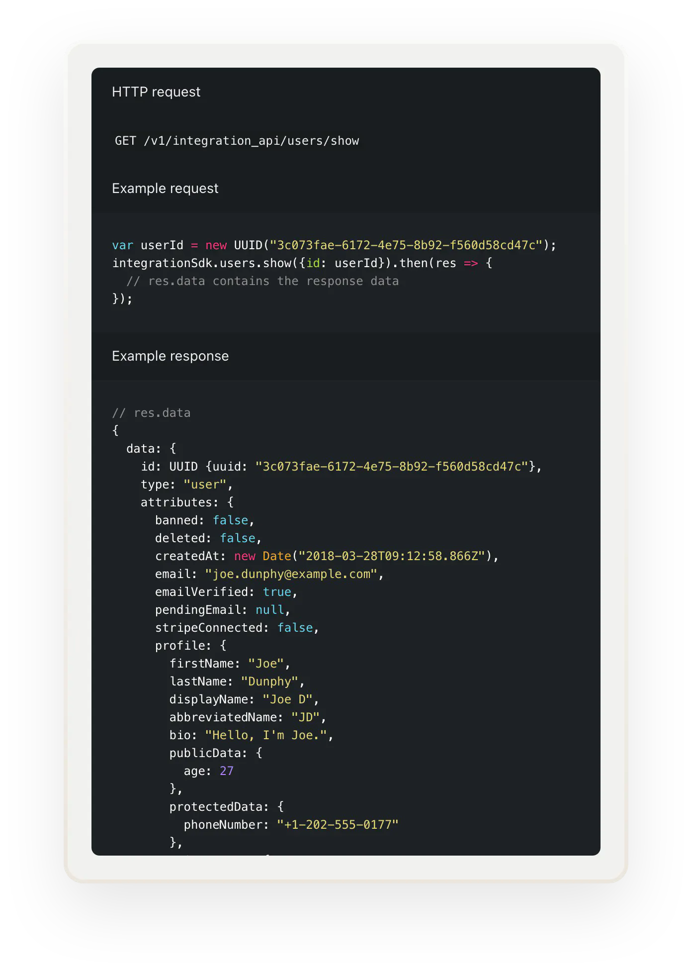 A snippet of code shows an Integration API request for user data and the response.