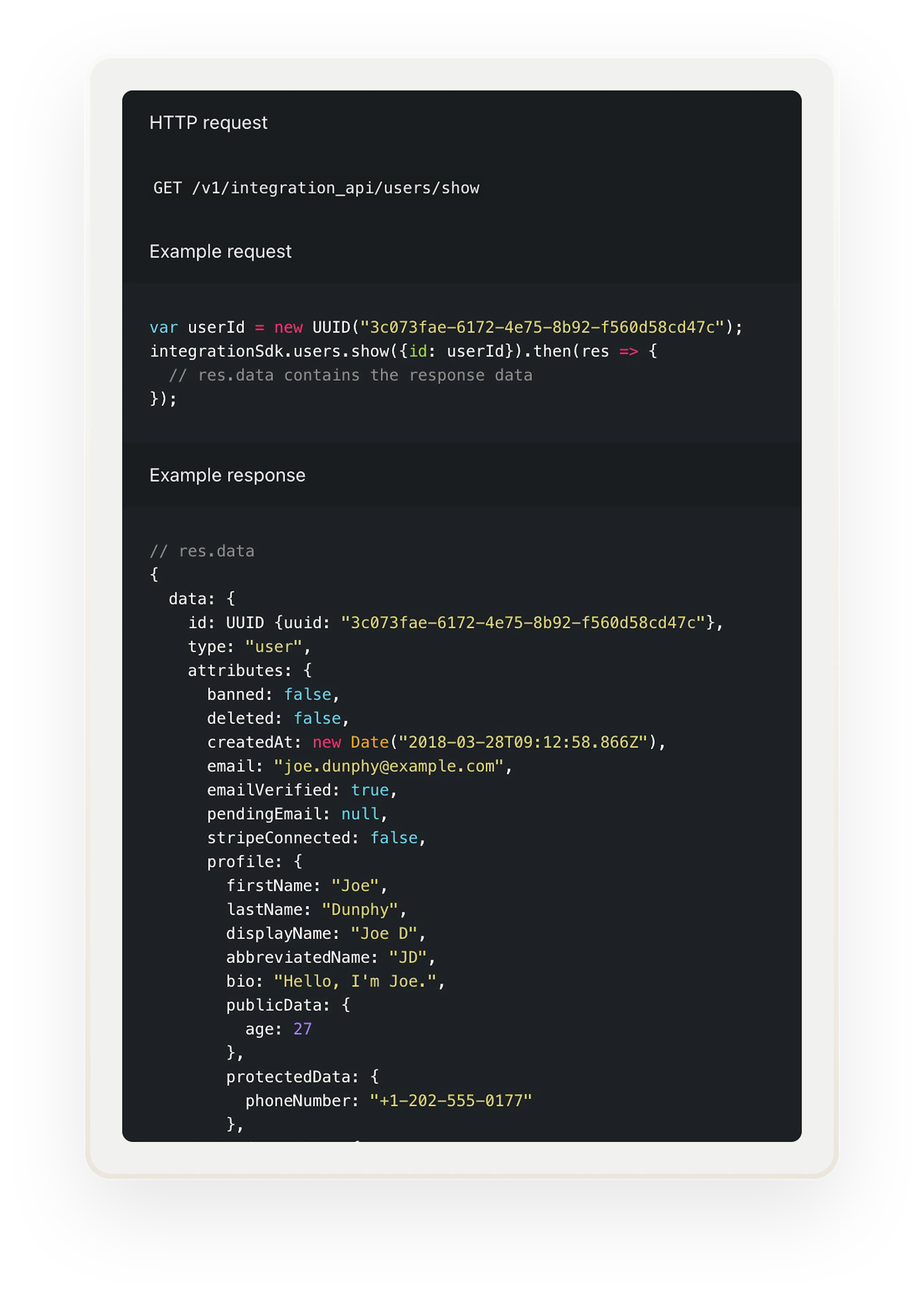 A snippet of code shows an Integration API request for user data and the response.