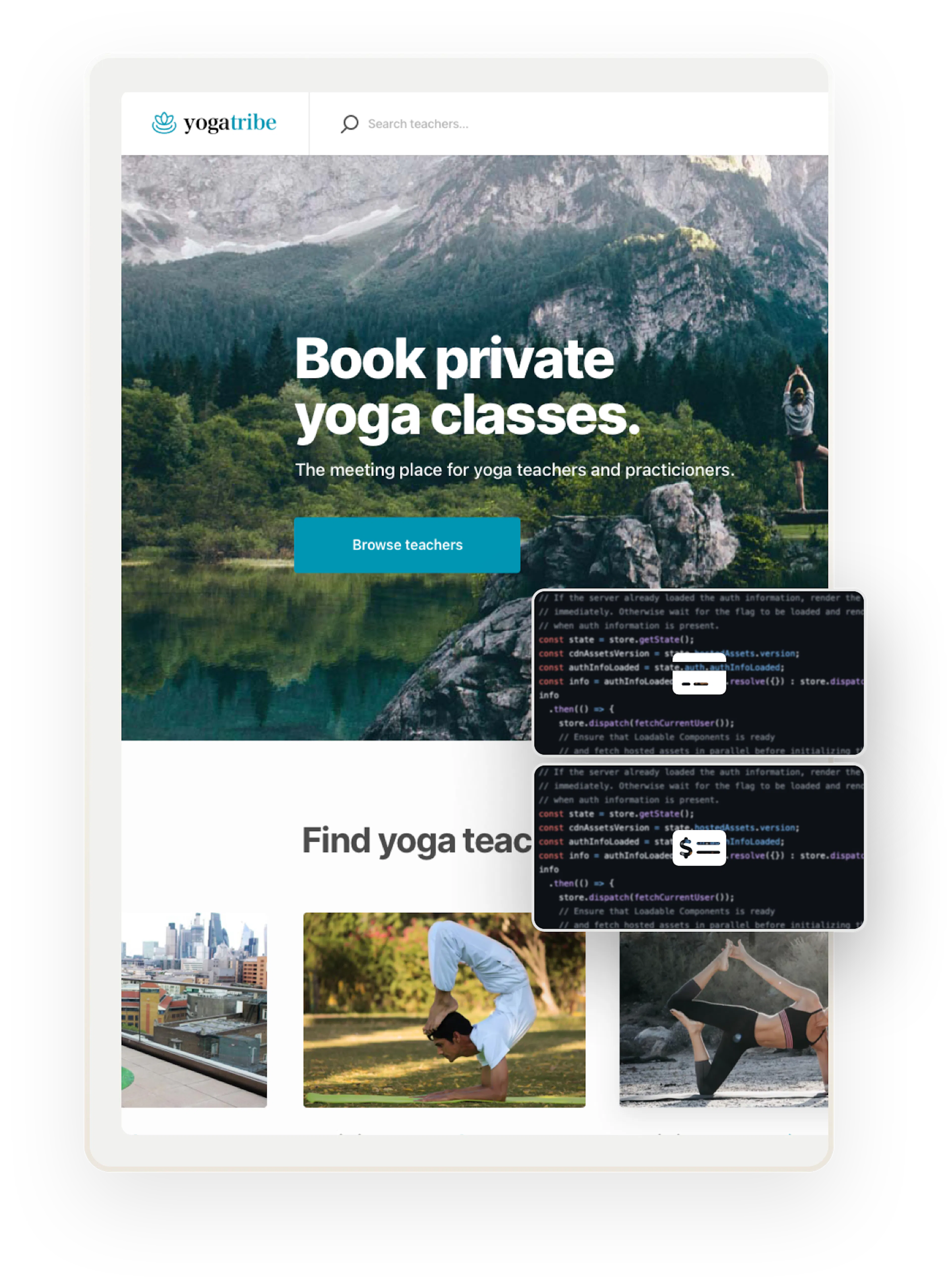 A snapshot of the Yogatribe service marketplace home page. Overlaid on top are two boxes showing code, a credit card symbol and a cheque symbol.