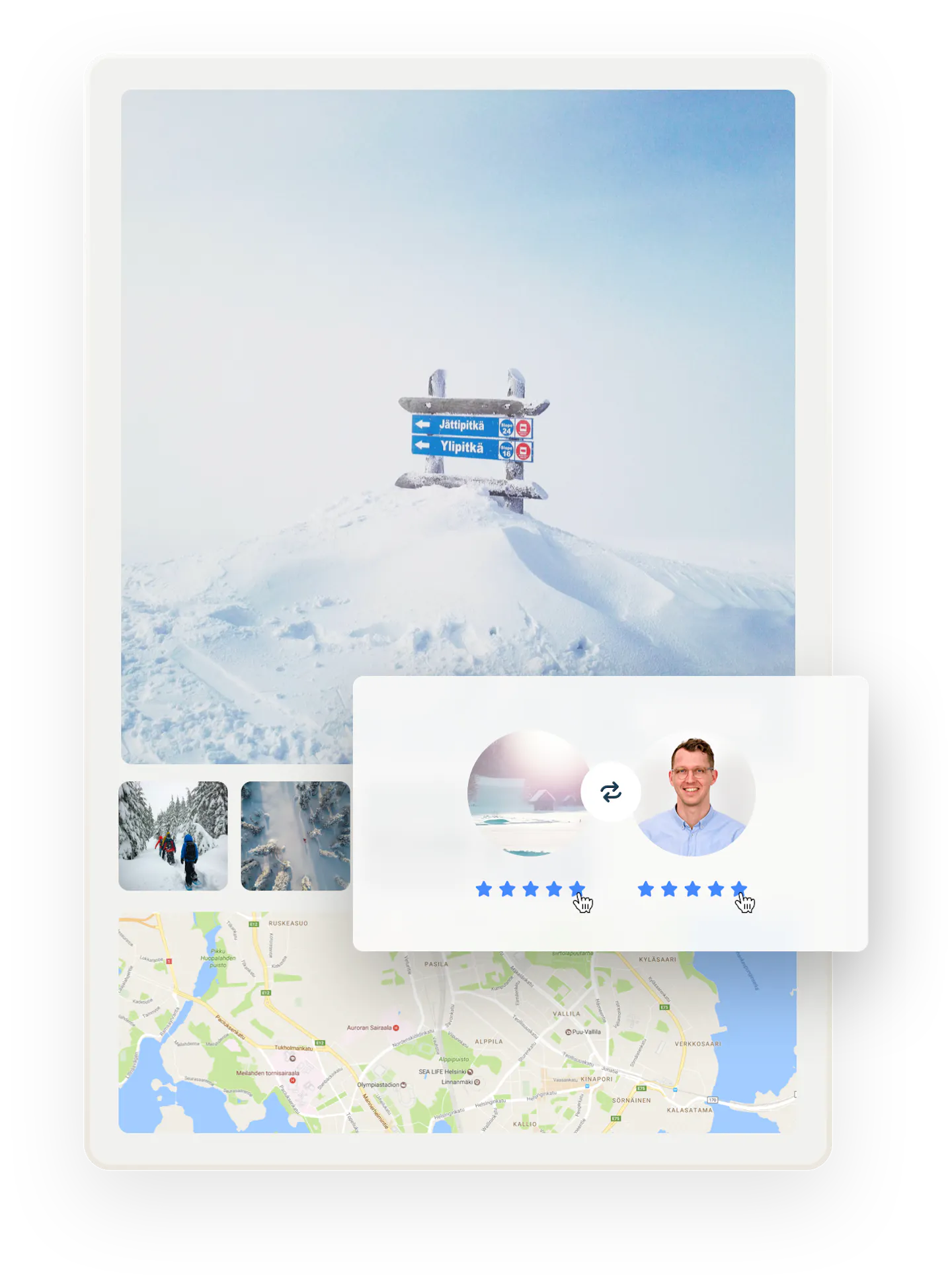 The top of the Ylläs mountain. Below are other images of wintry Finnish Lapland and a map. Overlaid is a box where a tour guide and customer are about to give each other five-star reviews.