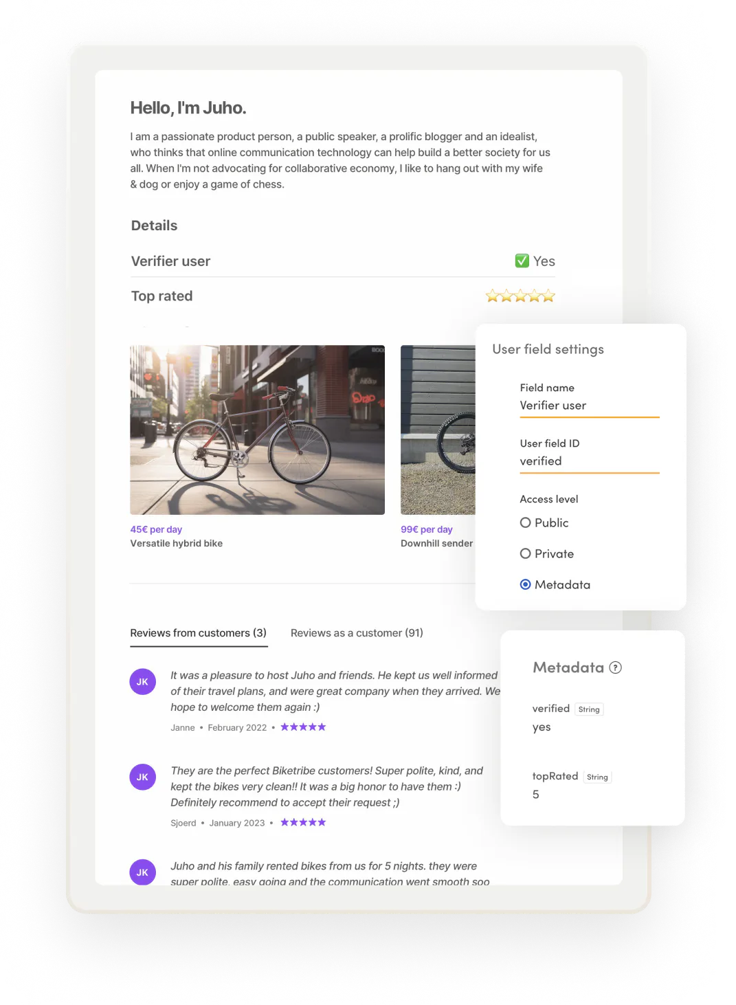 A sample page for a marketplace user called Juho. The operator has added two metadata fields, verified user and top rated, and added values to both to Juho's profile. Juho is a verified user and is a 5-star provider.