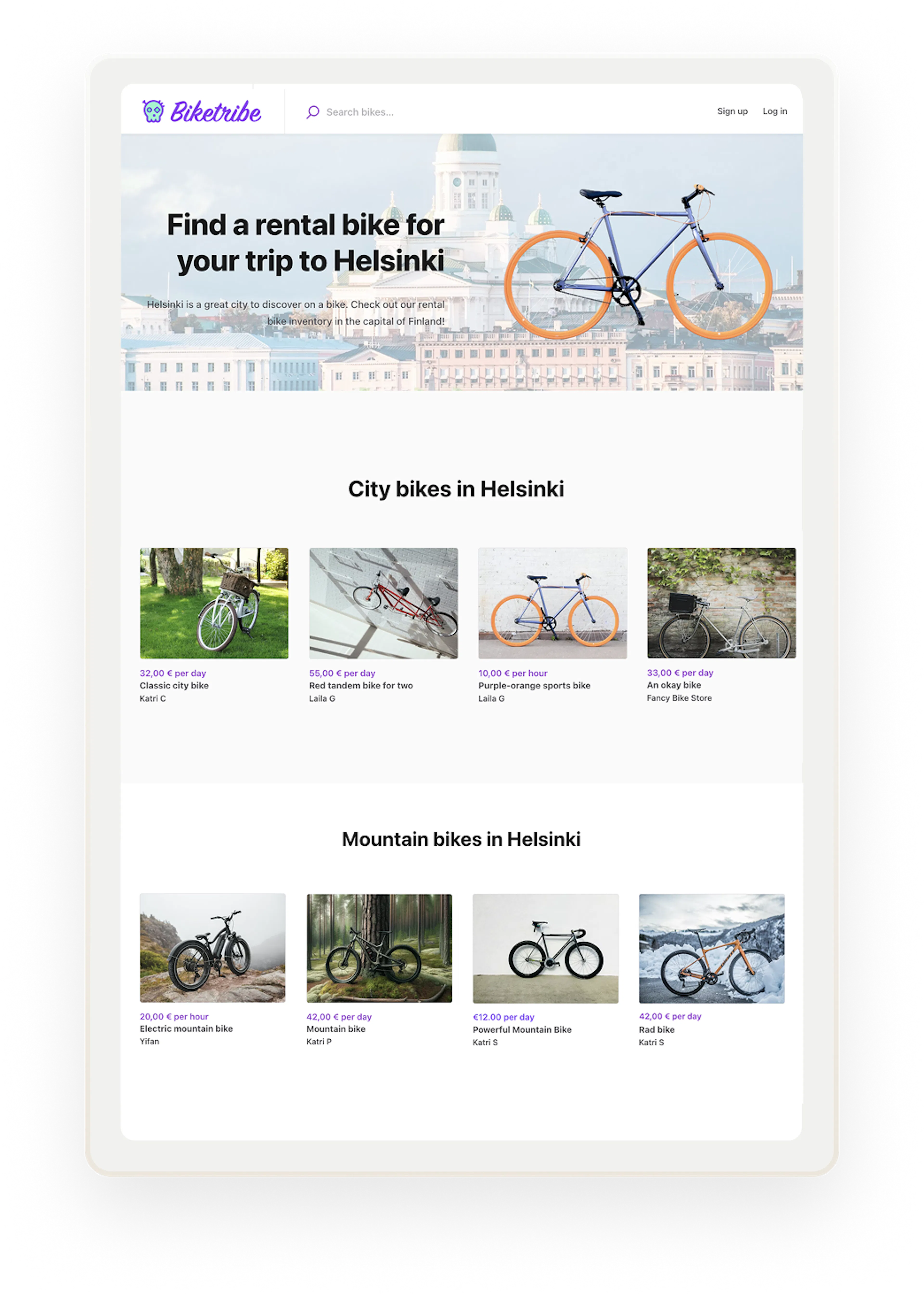 A targeted landing page on Biketribe marketplace for people looking for rental bikes in helsinki.