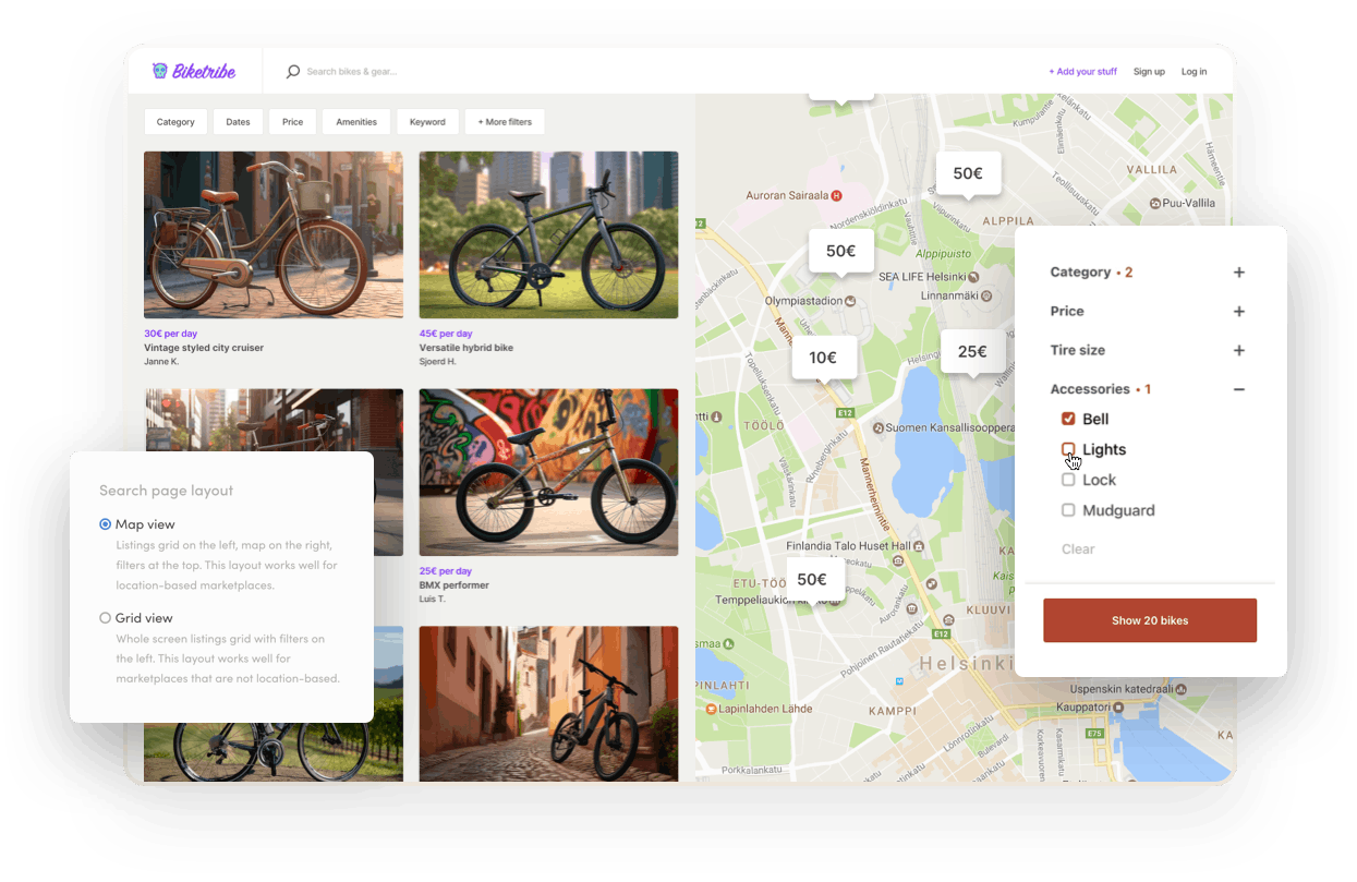 The search results page on a sample bike rental marketplace. There's a map next to a grid of available bikes. Overlaid is a search filter selection and the layout options in Console, where the operator chooses between a map view and a grid view.