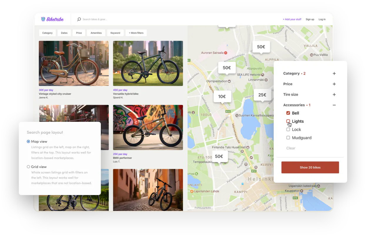 The search results page on a sample bike rental marketplace. There's a map next to a grid of available bikes. Overlaid is a search filter selection and the layout options in Console, where the operator chooses between a map view and a grid view.
