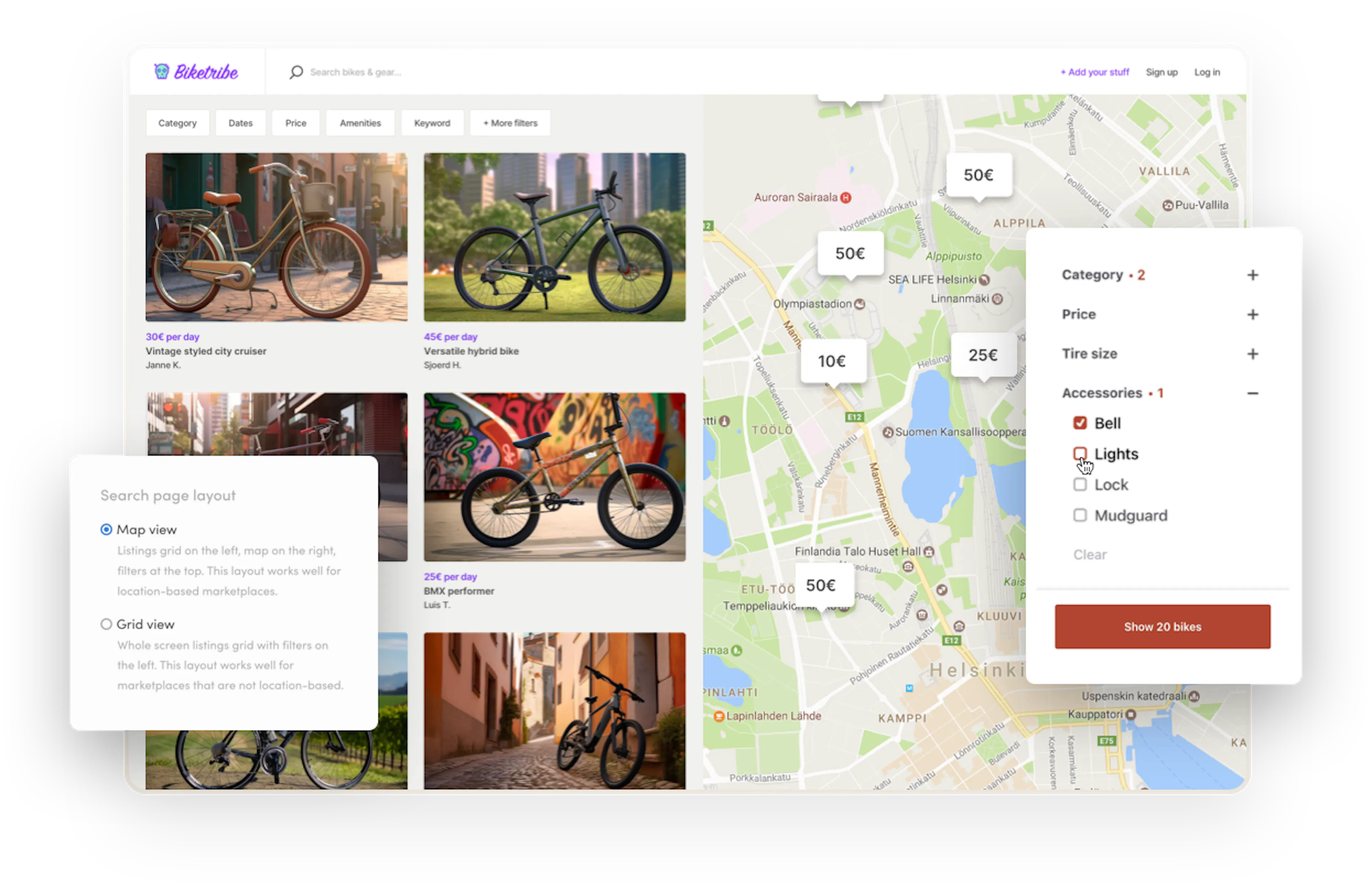 The search results page on a sample bike rental marketplace. There's a map next to a grid of available bikes. Overlaid is a search filter selection and the layout options in Console, where the operator chooses between a map view and a grid view.
