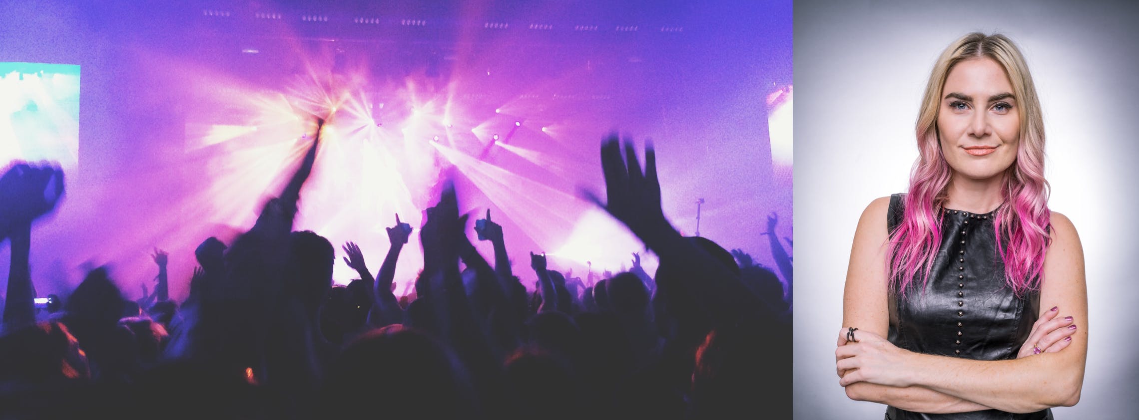 A concert audience silhouetted against a stage lit in purples and pinks next to a studio photo of Shira Yevin. She has blonde hair with pink tips and is wearing a black leather dress. Her arms are crossed and she's smiling confidently.