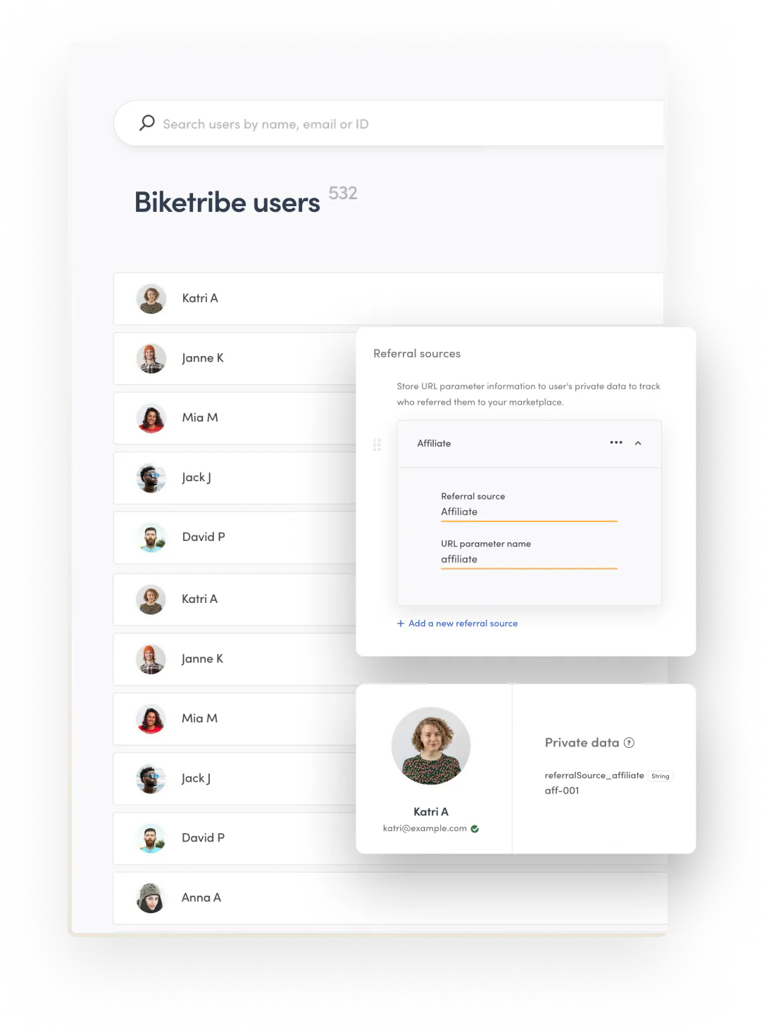 Sharetribe Console's user management page. The operator has set up a referral source for affiliates