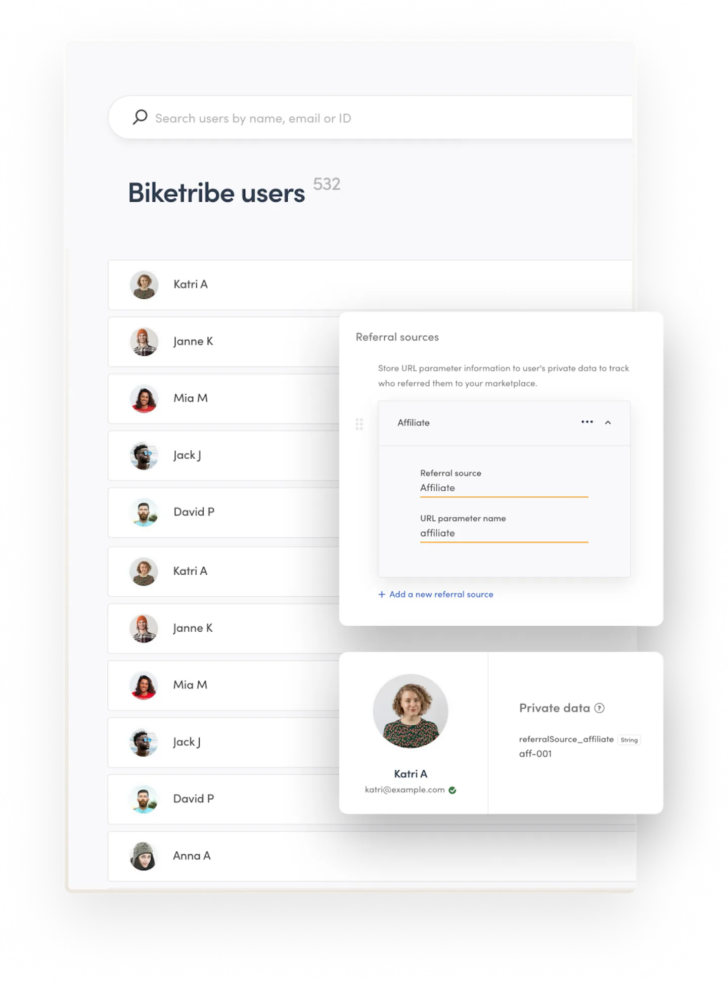 Sharetribe Console's user management page. The operator has set up a referral source for affiliates