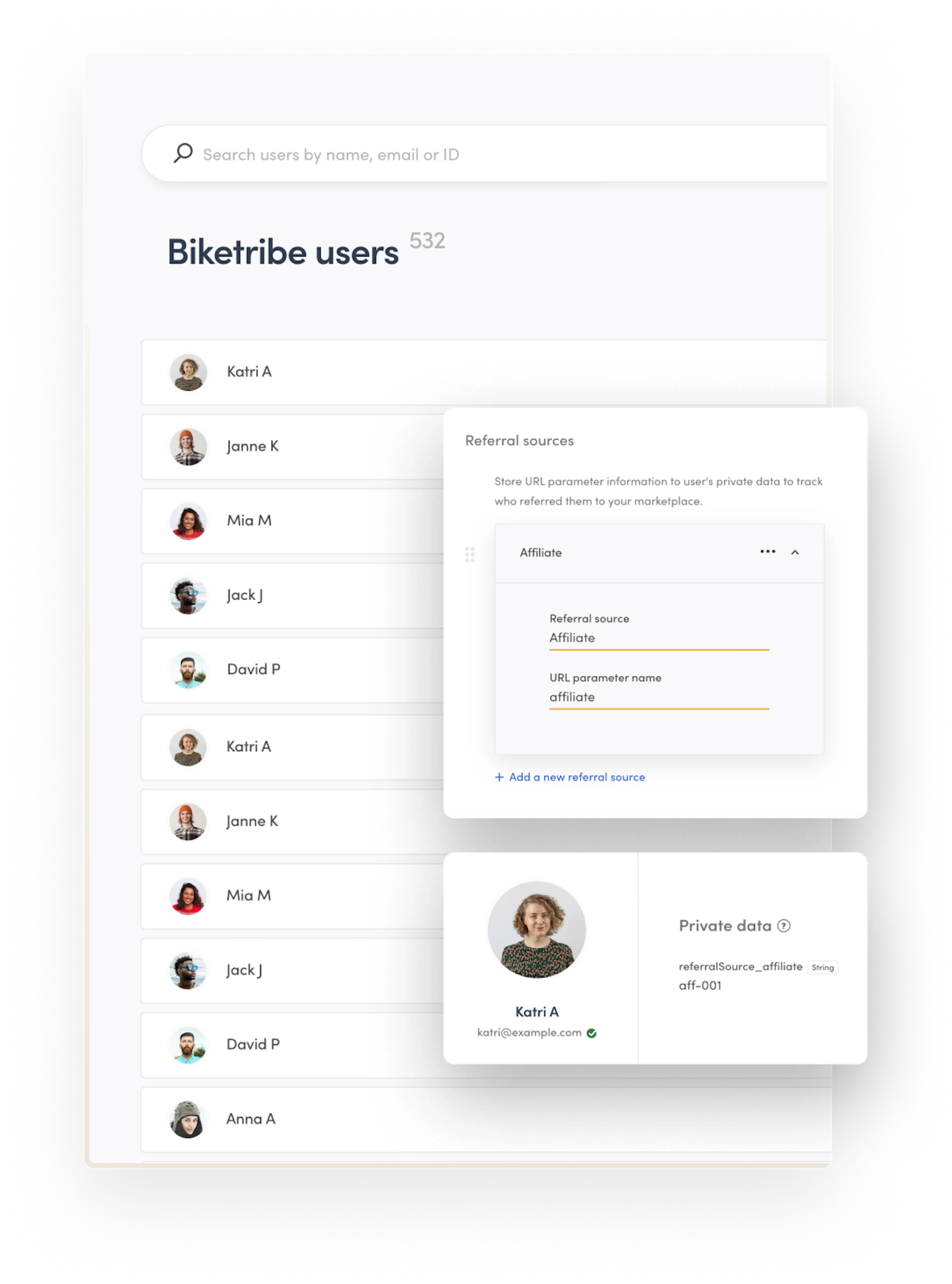 Sharetribe Console's user management page. The operator has set up a referral source for affiliates