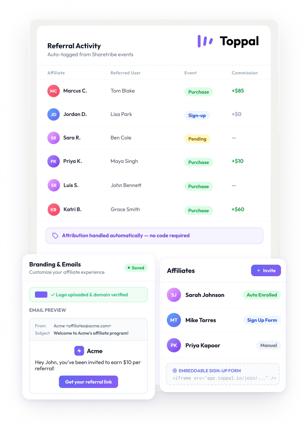 A list of referral activity: Marcus C brought in a purchase. Jordan referred a new user. On top, there's a box branding an invite email and another box for inviting new affiliates
