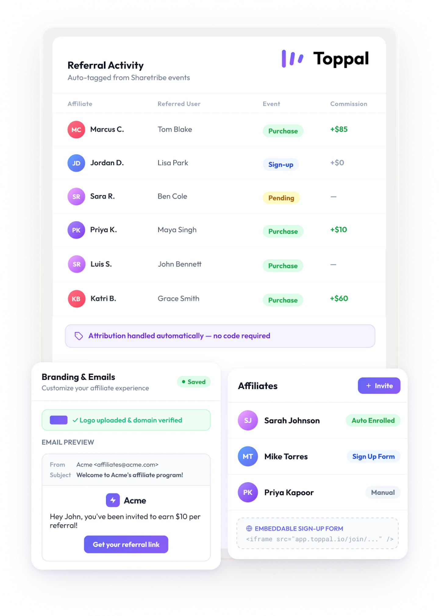 A list of referral activity: Marcus C brought in a purchase. Jordan referred a new user. On top, there's a box branding an invite email and another box for inviting new affiliates