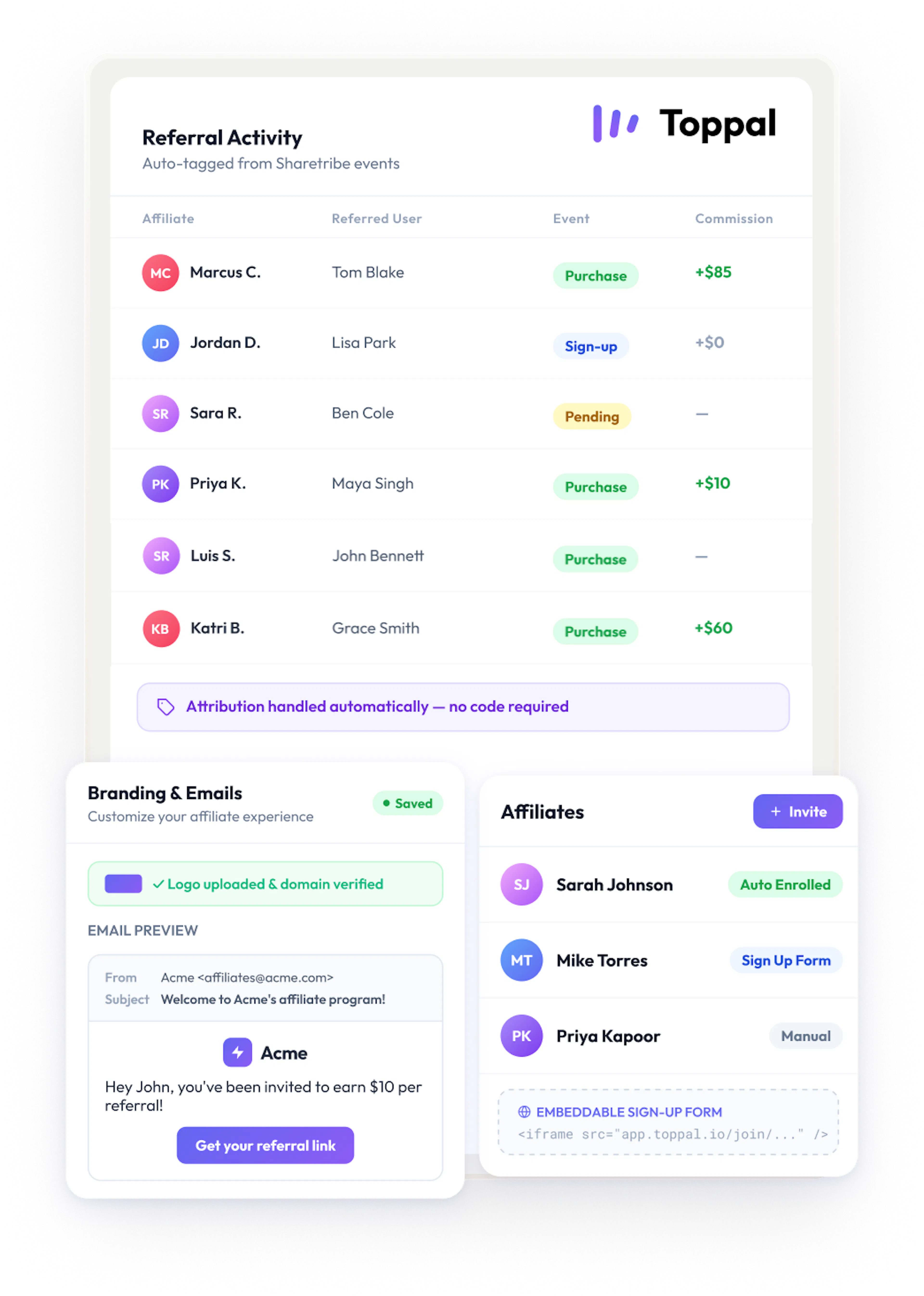 A list of referral activity: Marcus C brought in a purchase. Jordan referred a new user. On top, there's a box branding an invite email and another box for inviting new affiliates