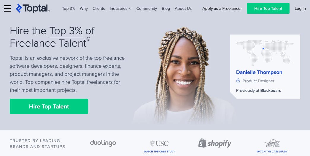 Screenshot of the freelance marketplace Toptal's landing page