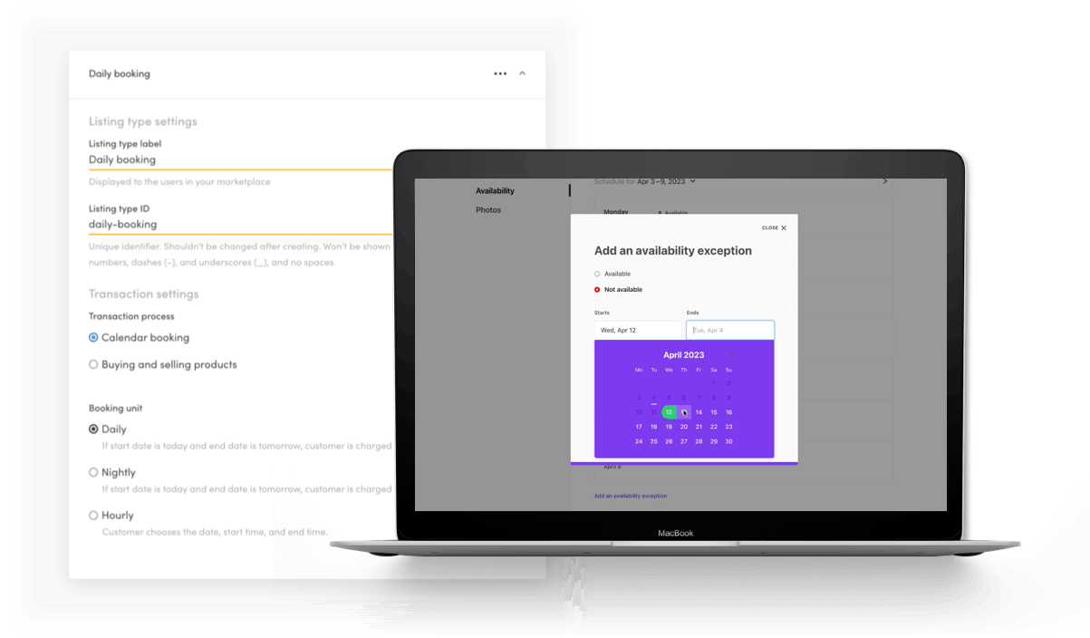 A laptop shows the step to add a calendar availability exception in the listing creation flow. Behind the laptop, an image of the listing type settings for a marketplace with calendar bookings and availability management.