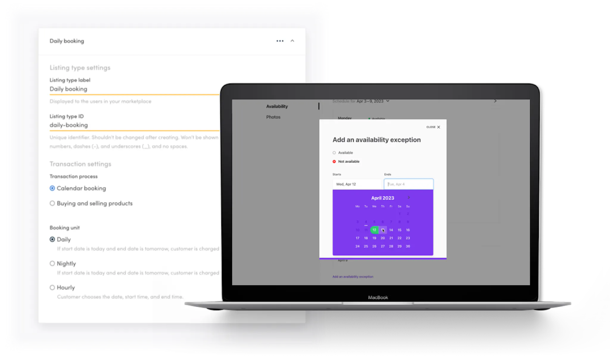 A laptop shows the step to add a calendar availability exception in the listing creation flow. Behind the laptop, an image of the listing type settings for a marketplace with calendar bookings and availability management.