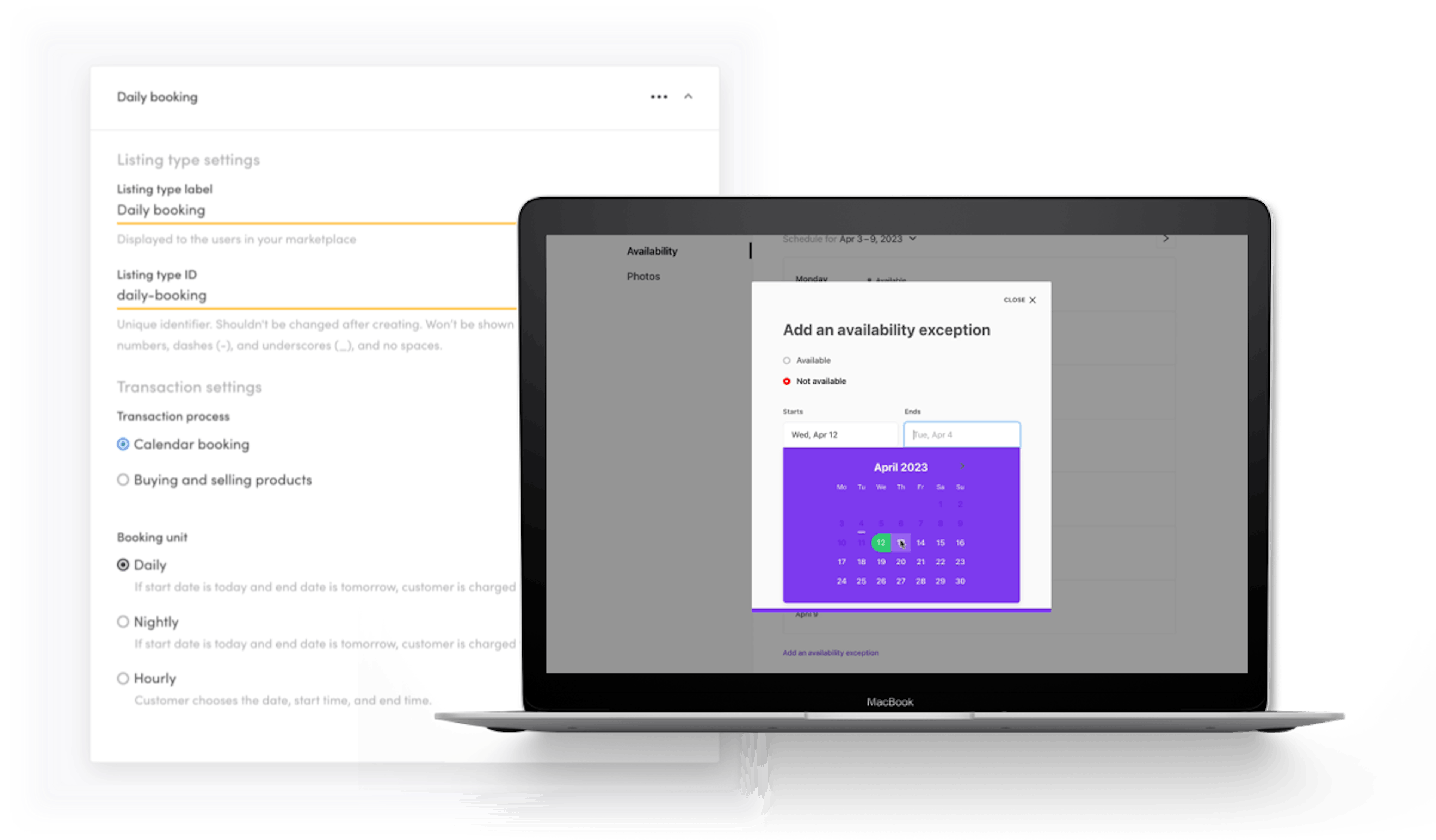 A laptop shows the step to add a calendar availability exception in the listing creation flow. Behind the laptop, an image of the listing type settings for a marketplace with calendar bookings and availability management.