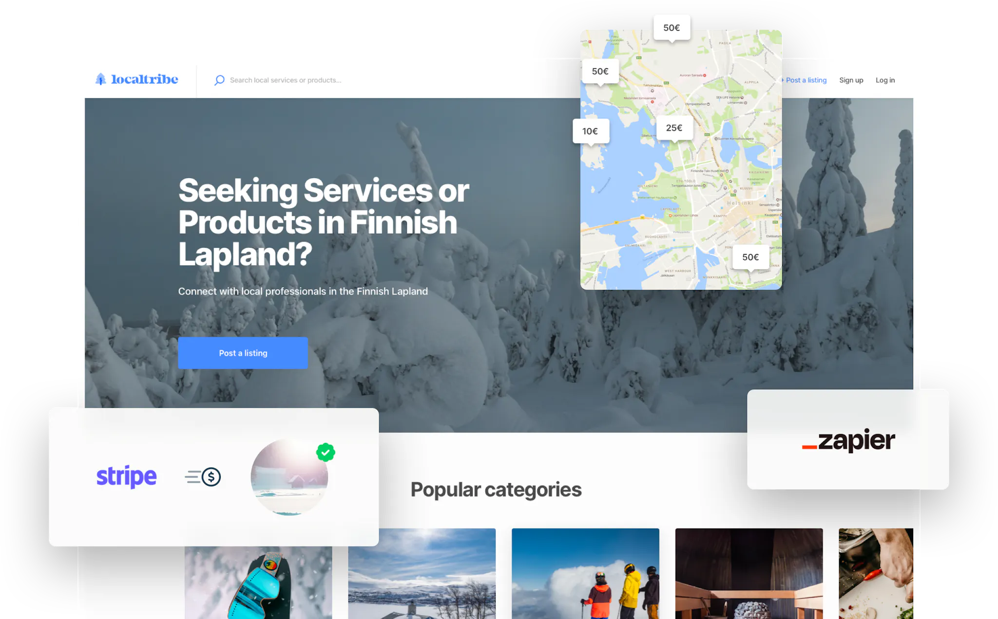 A sample landing page for a local marketplace in Lapland. Overlaid on top is a map with price bubbles, Stripe logo and Zapier logo.