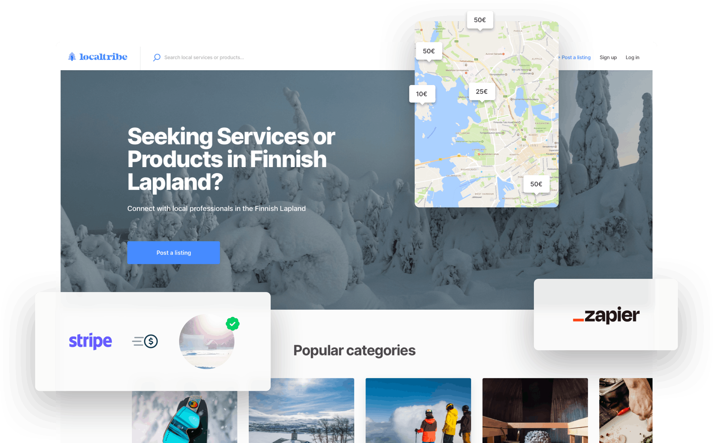 A sample landing page for a local marketplace in Lapland. Overlaid on top is a map with price bubbles, Stripe logo and Zapier logo.