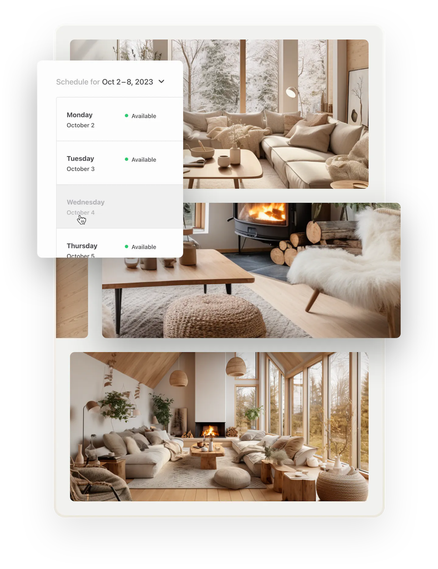 Three images of a calm, modern cottage styled in light colors. The cottage even has two fireplaces, very cozy. A snapshot of the weekly availability management tool is overlaid on top. The provider is removing Wednesdays from availability.