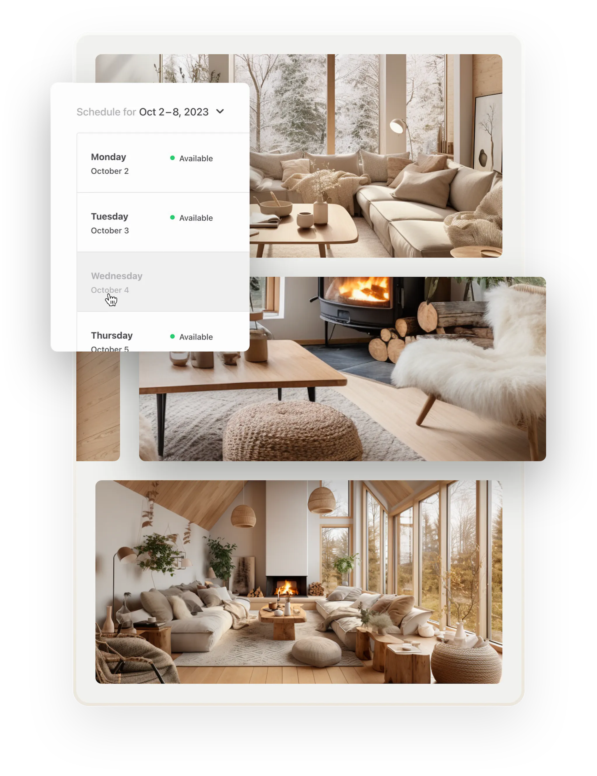 Three images of a calm, modern cottage styled in light colors. The cottage even has two fireplaces, very cozy. A snapshot of the weekly availability management tool is overlaid on top. The provider is removing Wednesdays from availability.