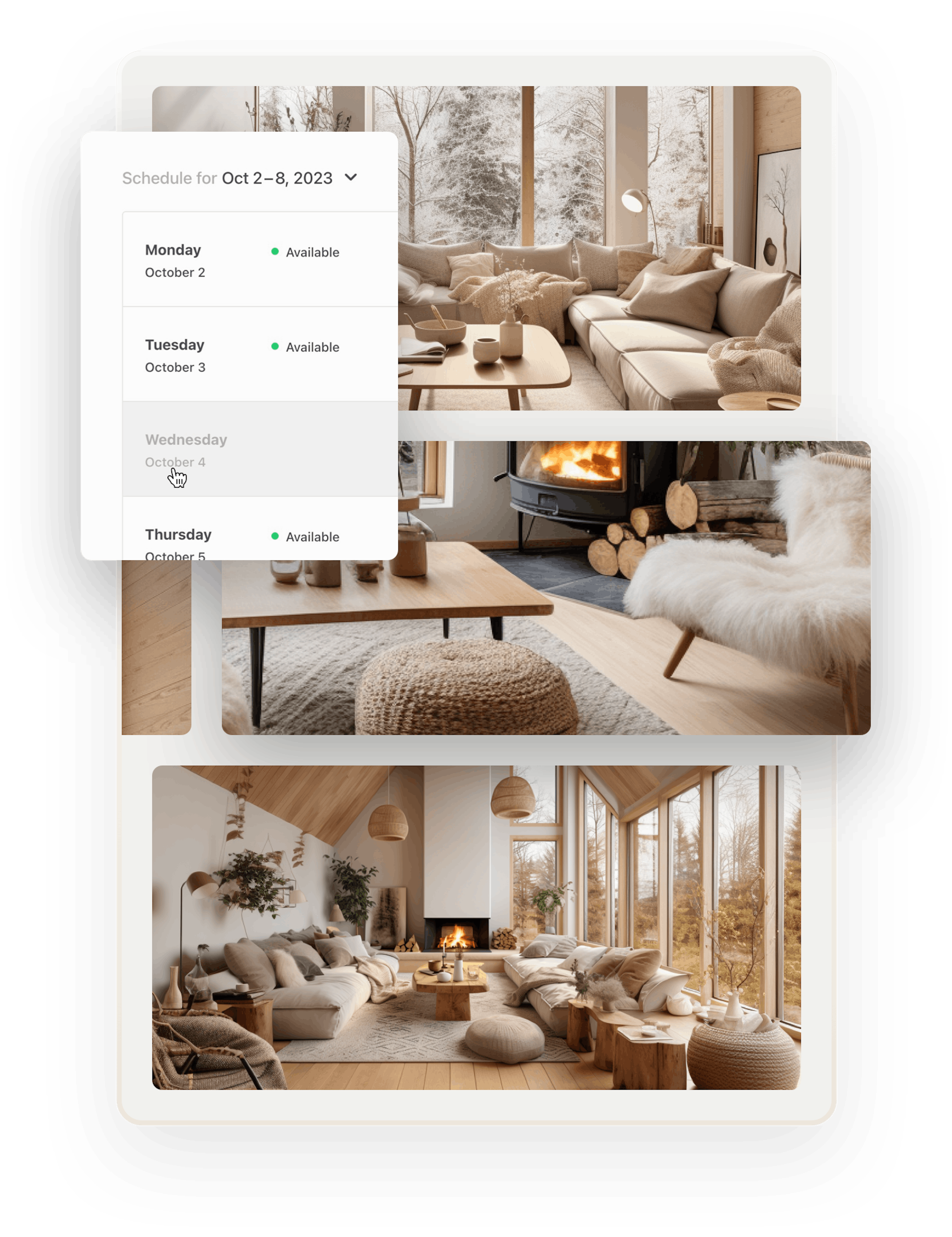 Three images of a calm, modern cottage styled in light colors. The cottage even has two fireplaces, very cozy. A snapshot of the weekly availability management tool is overlaid on top. The provider is removing Wednesdays from availability.